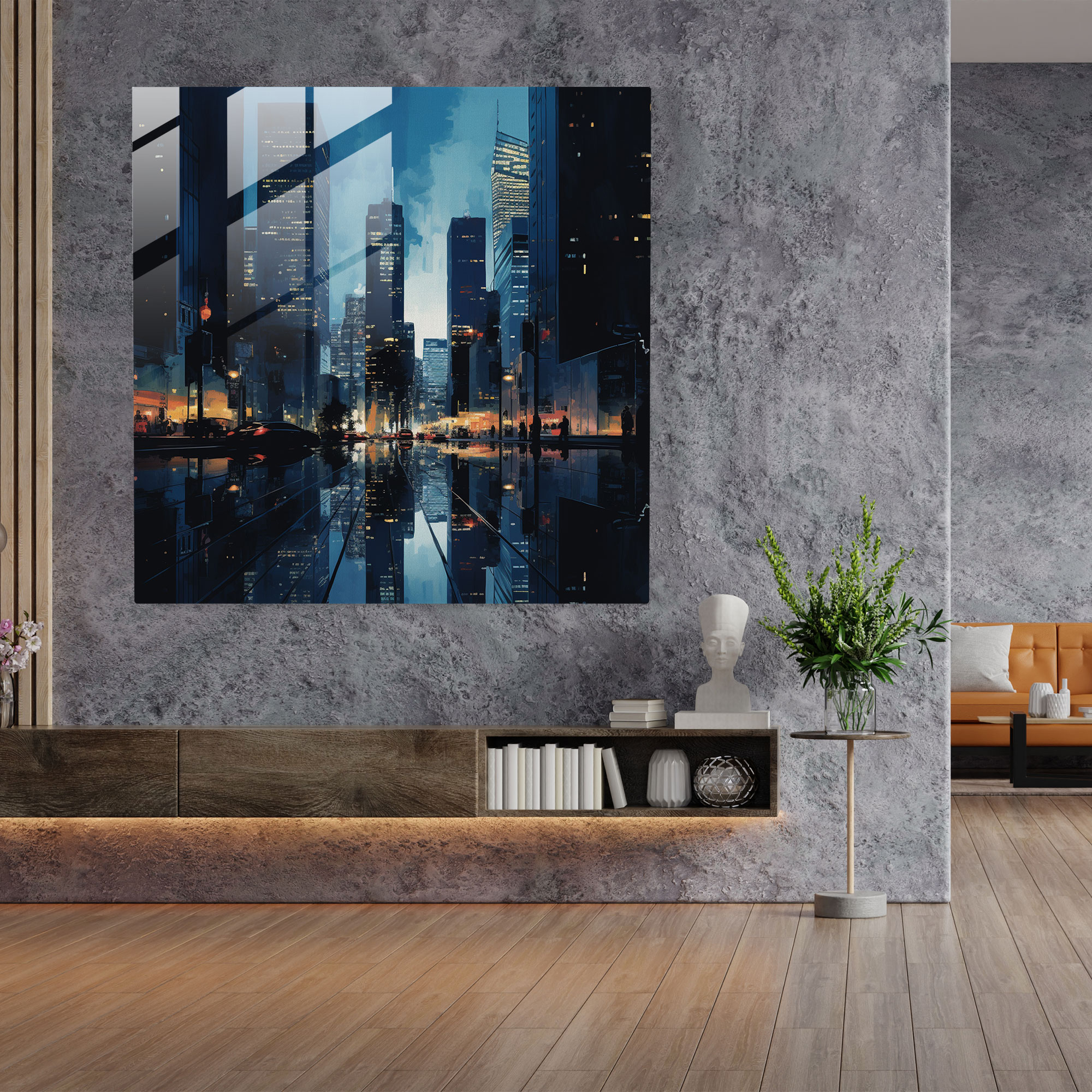 Dusk Cityscape Navy Blue Glass Print - Navy Blue, Contemporary, Dusk Cityscape, Glass Wall Art