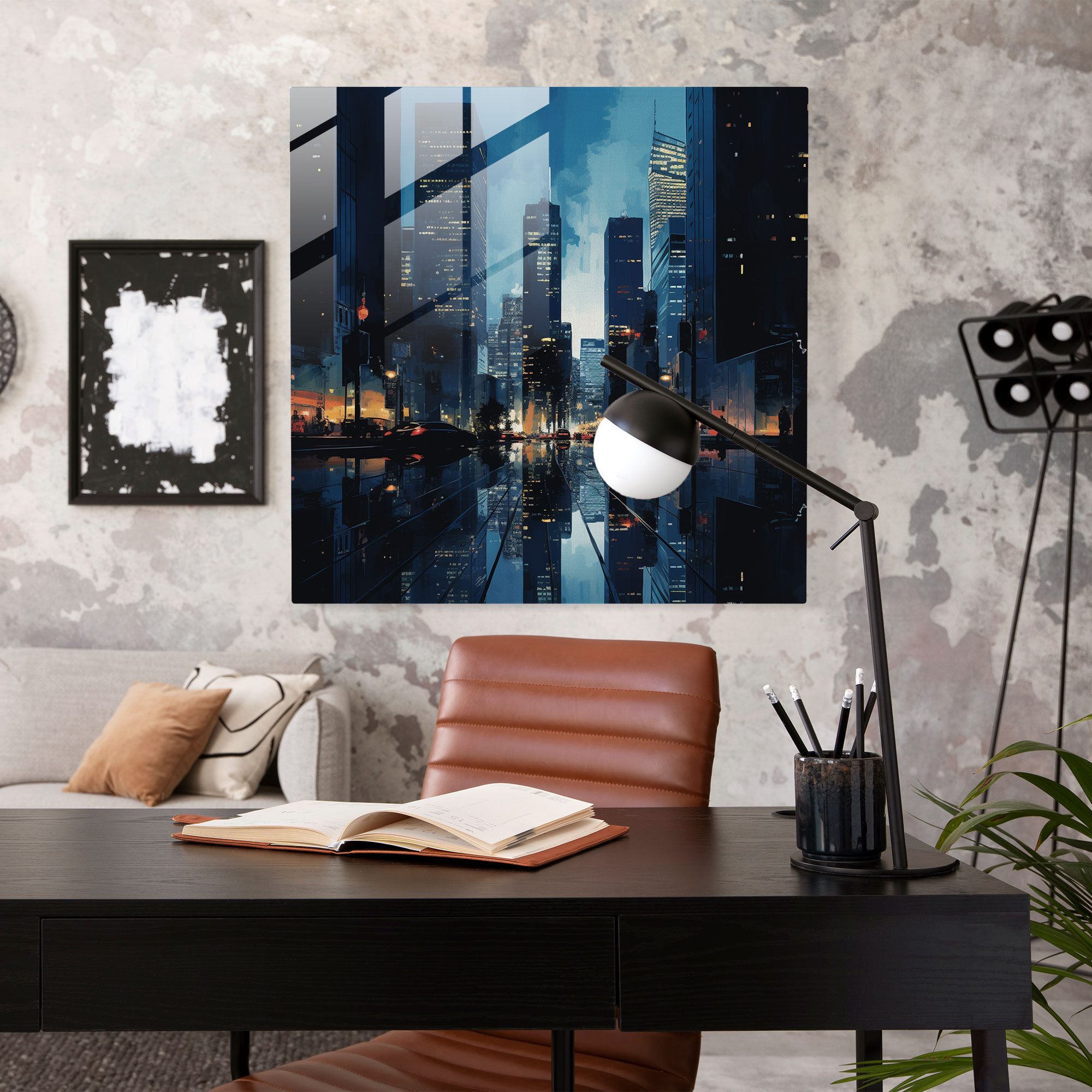 Dusk Cityscape Navy Blue Glass Print - Navy Blue, Contemporary, Dusk Cityscape, Glass Wall Art