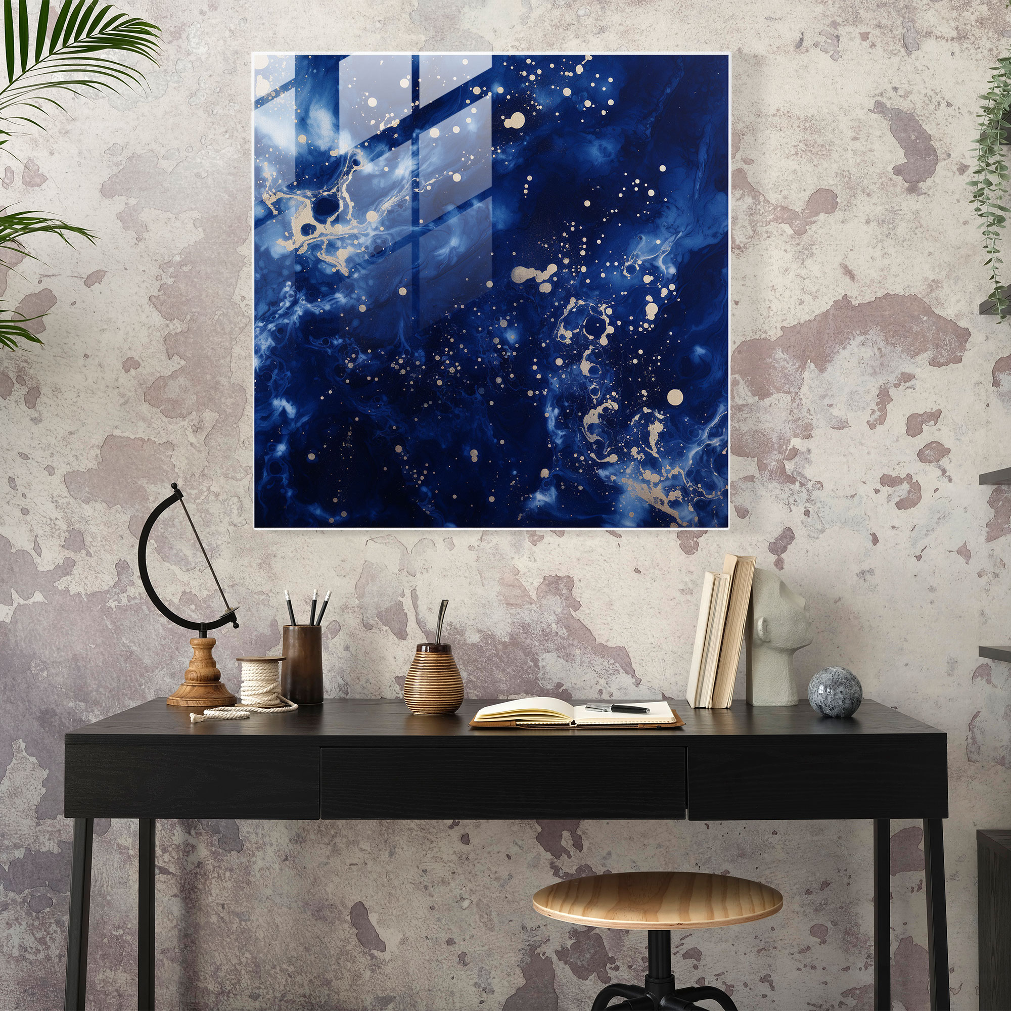 Starry Galaxy Navy Blue Glass Print - Navy Blue, Glass Art, Abstract Representation, Cosmic Wonders