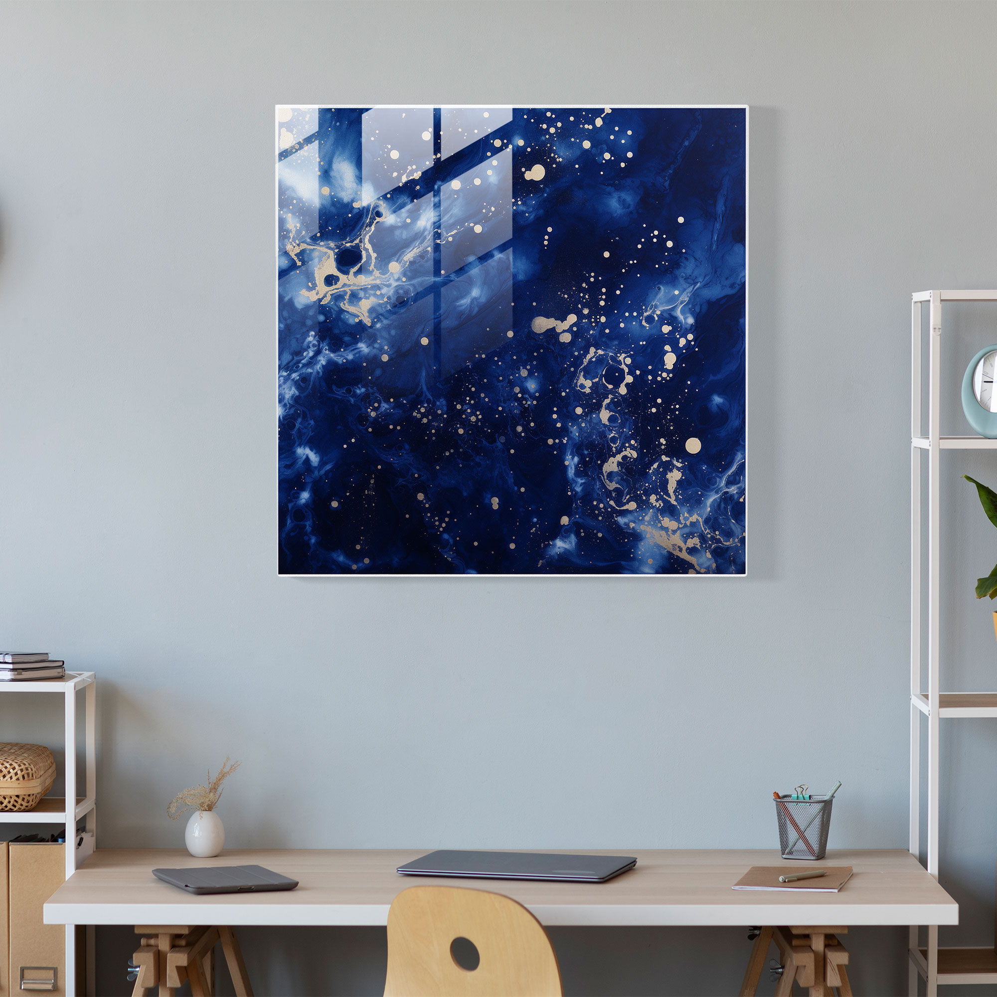 Starry Galaxy Navy Blue Glass Print - Navy Blue, Glass Art, Abstract Representation, Cosmic Wonders