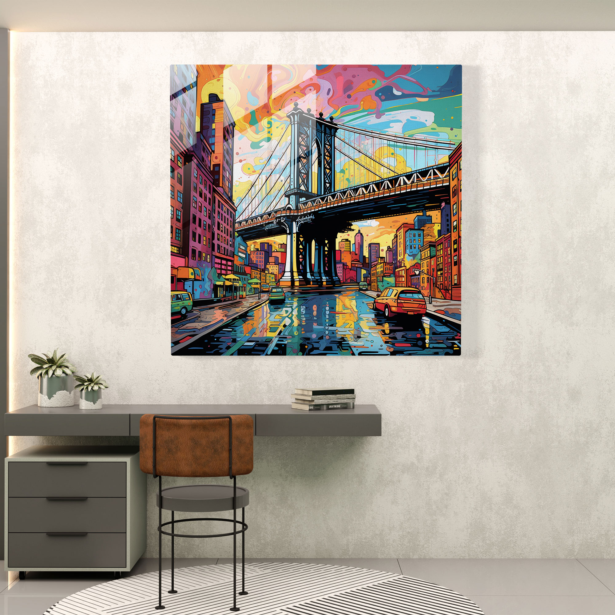 Canlı Brooklyn Köprüsü Cam Tablosu - Canlı Pop Sanat Cam Duvar Sanatı Ev Dekorasyonu Duvar Dekorasyonu Cam Sanatı