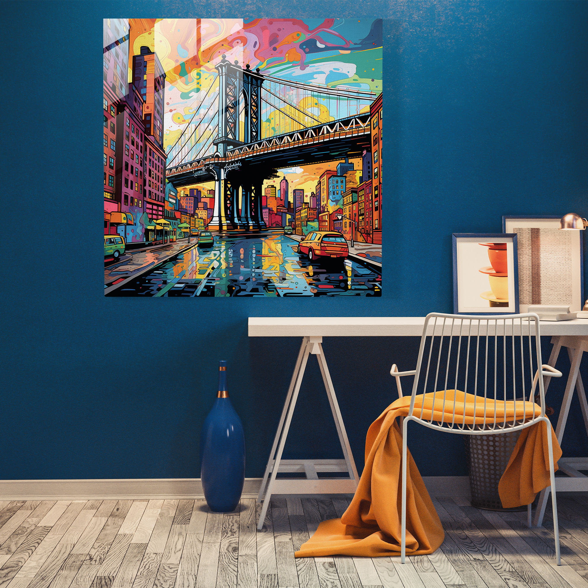 Canlı Brooklyn Köprüsü Cam Tablosu - Canlı Pop Sanat Cam Duvar Sanatı Ev Dekorasyonu Duvar Dekorasyonu Cam Sanatı