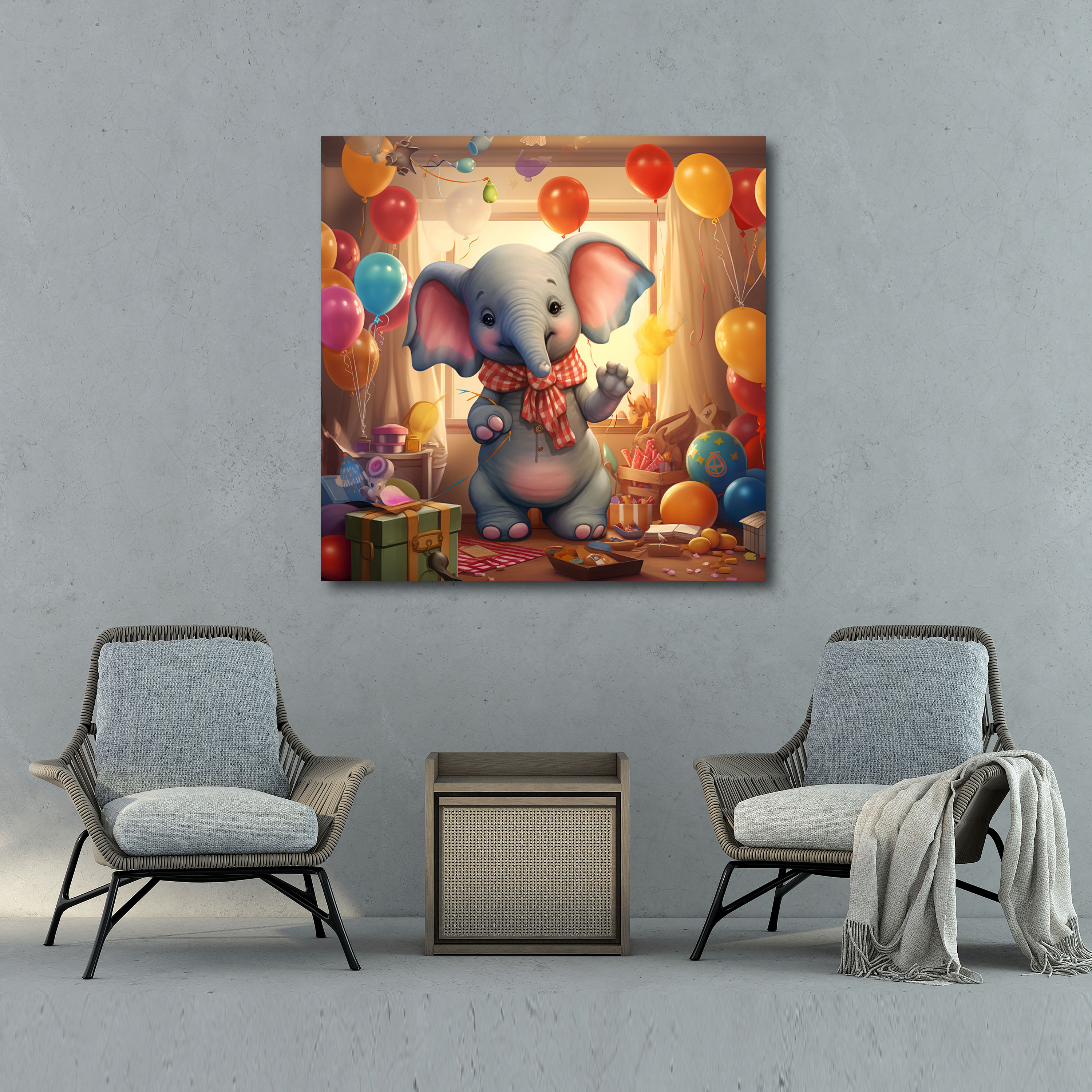 Leinwandbild: Niedlicher Elefant mit Luftballons - Kinderzimmer Wanddekoration Spielzeug