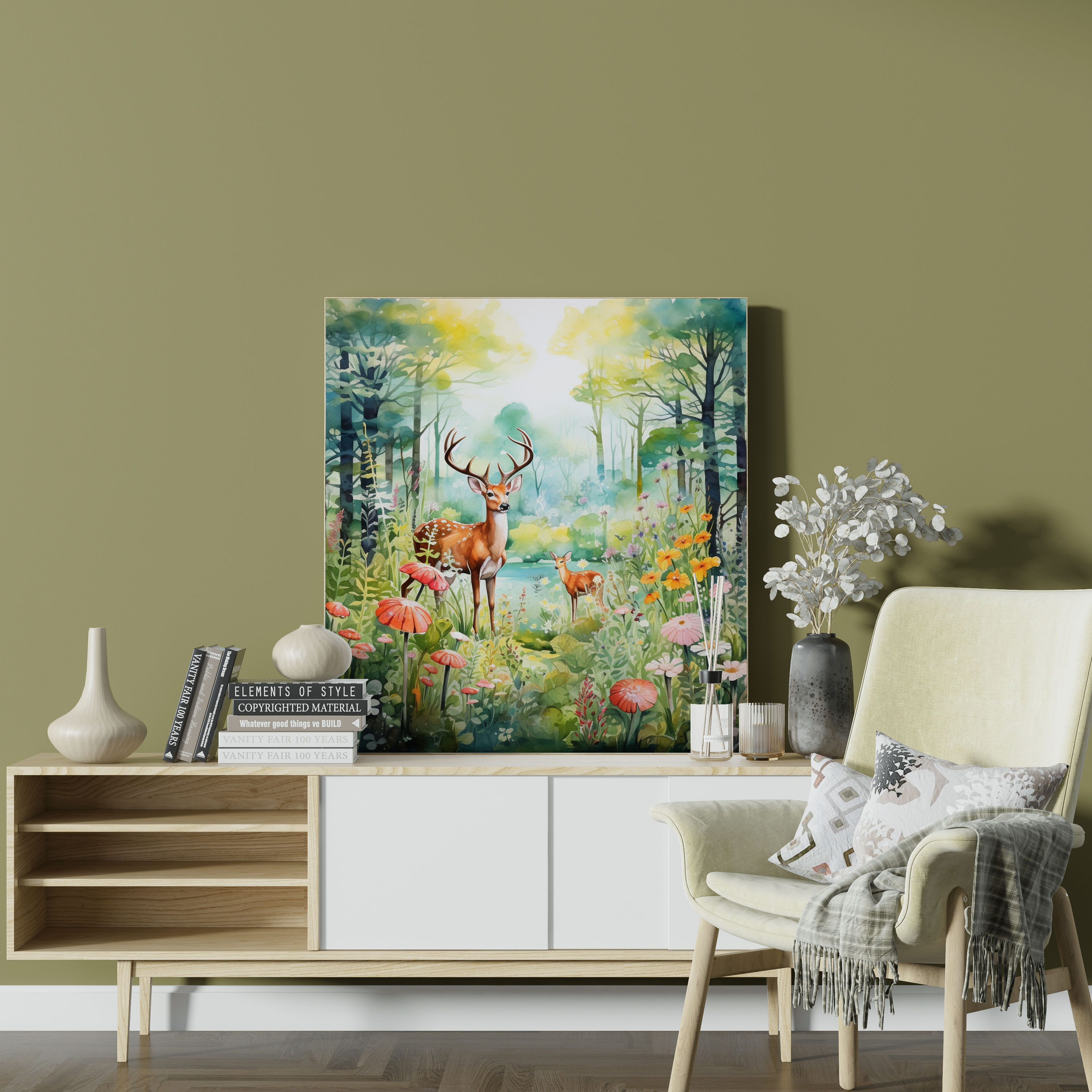 Nursery Wall Art: Peaceful Forest With Animals - Nursery, Wall Art, Flowers, Watercolor Painting