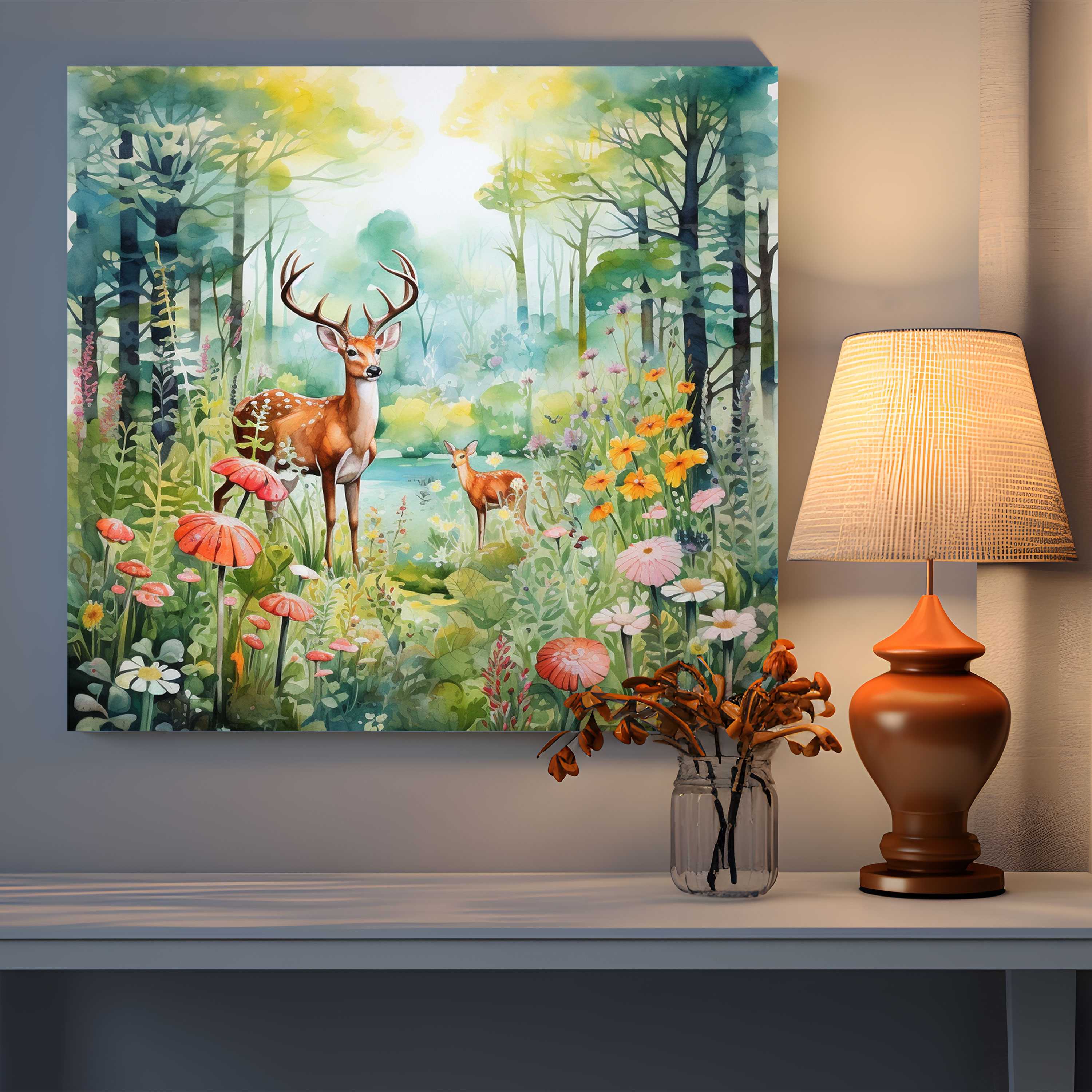Nursery Wall Art: Peaceful Forest With Animals - Nursery, Wall Art, Flowers, Watercolor Painting