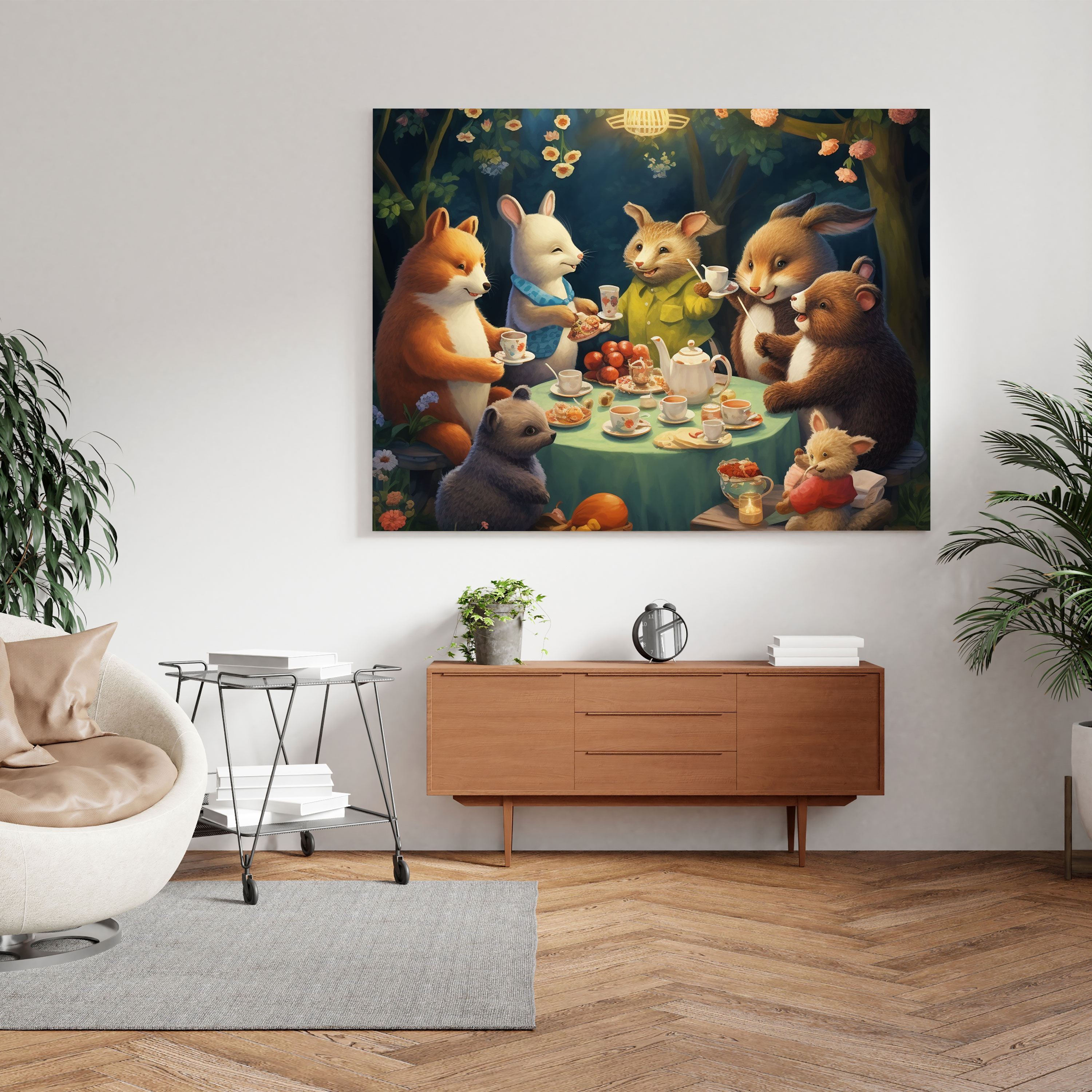 Kinderzimmer Leinwandbild: Tiere Teeparty - Kinderzimmer Wandkunst Teeparty