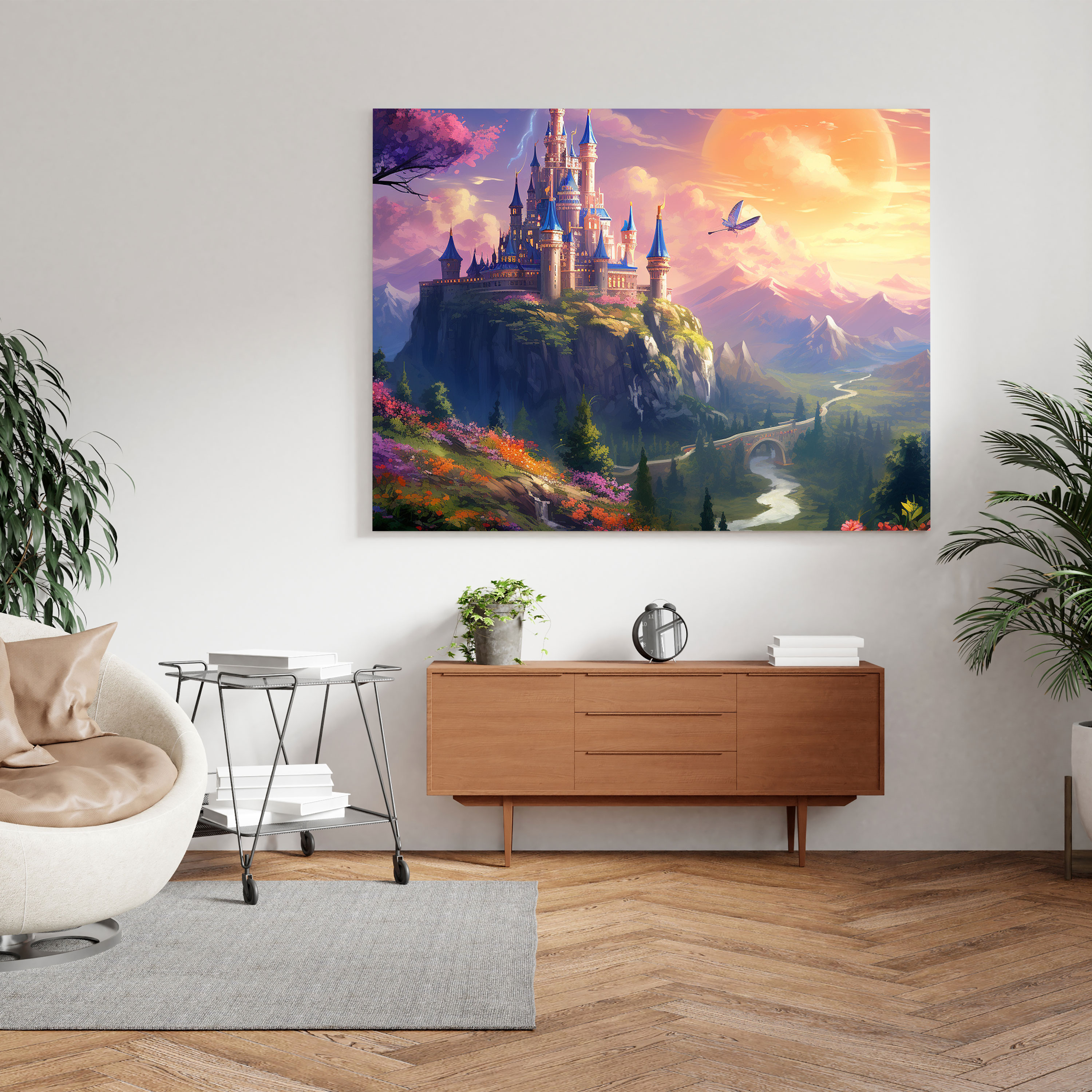Nursery Wall Art: Magical Castle With Flowers - Nursery, Home Decoration, Butterflies, Canvas