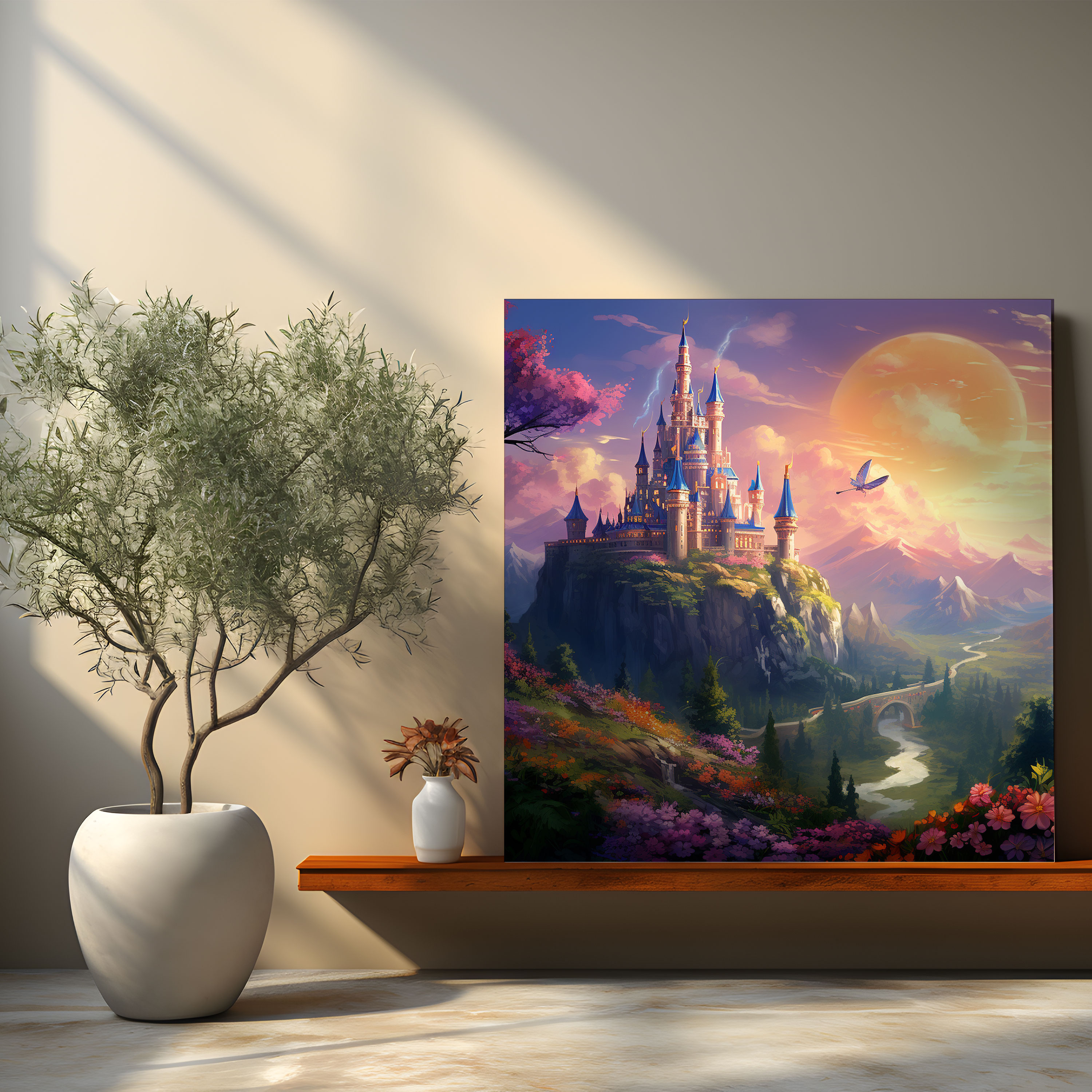 Nursery Wall Art: Magical Castle With Flowers - Nursery, Home Decoration, Butterflies, Canvas