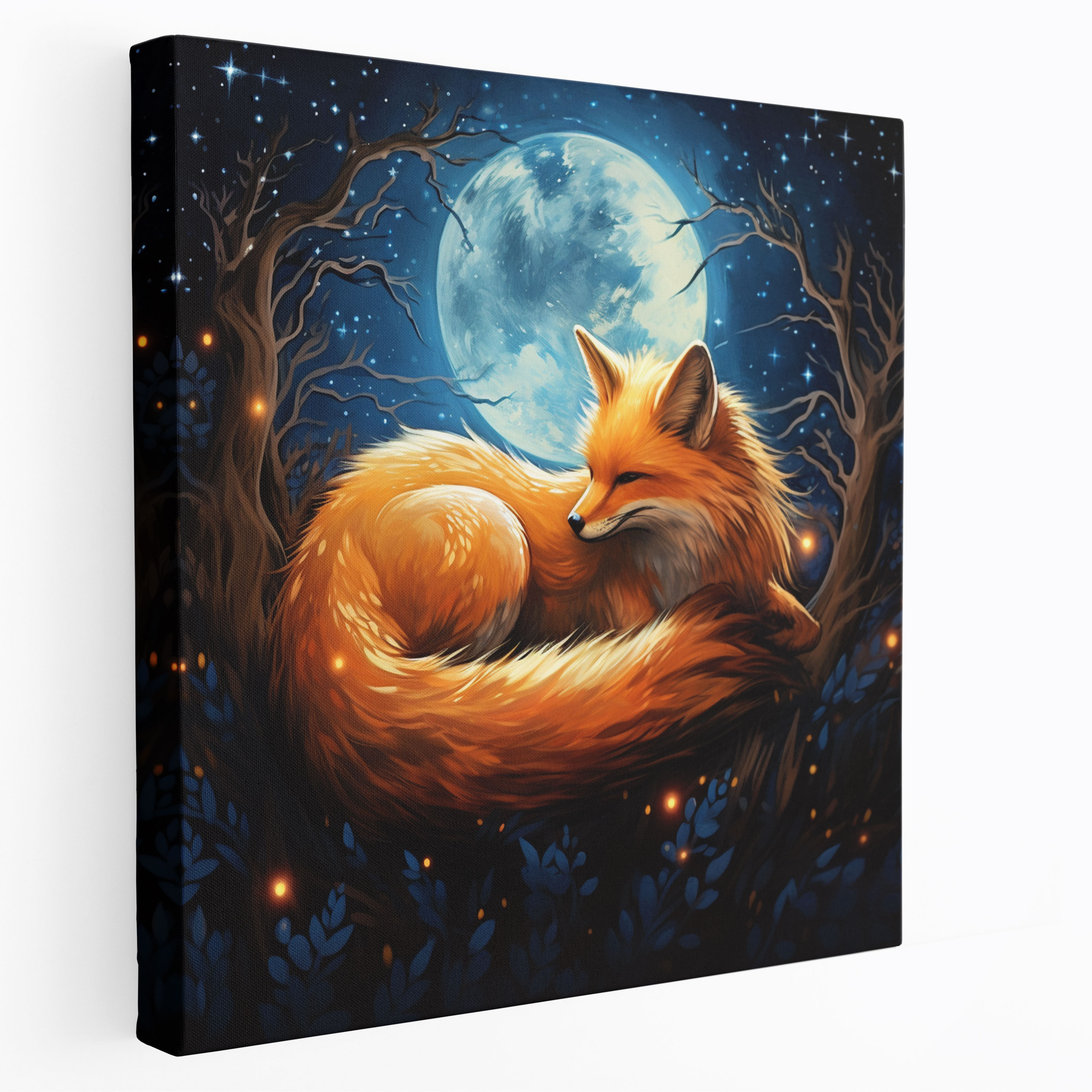 Nursery Canvas Print: Sleepy Fox And Moon - Nursery, Glowing Moon, Canvas Print, Night Sky