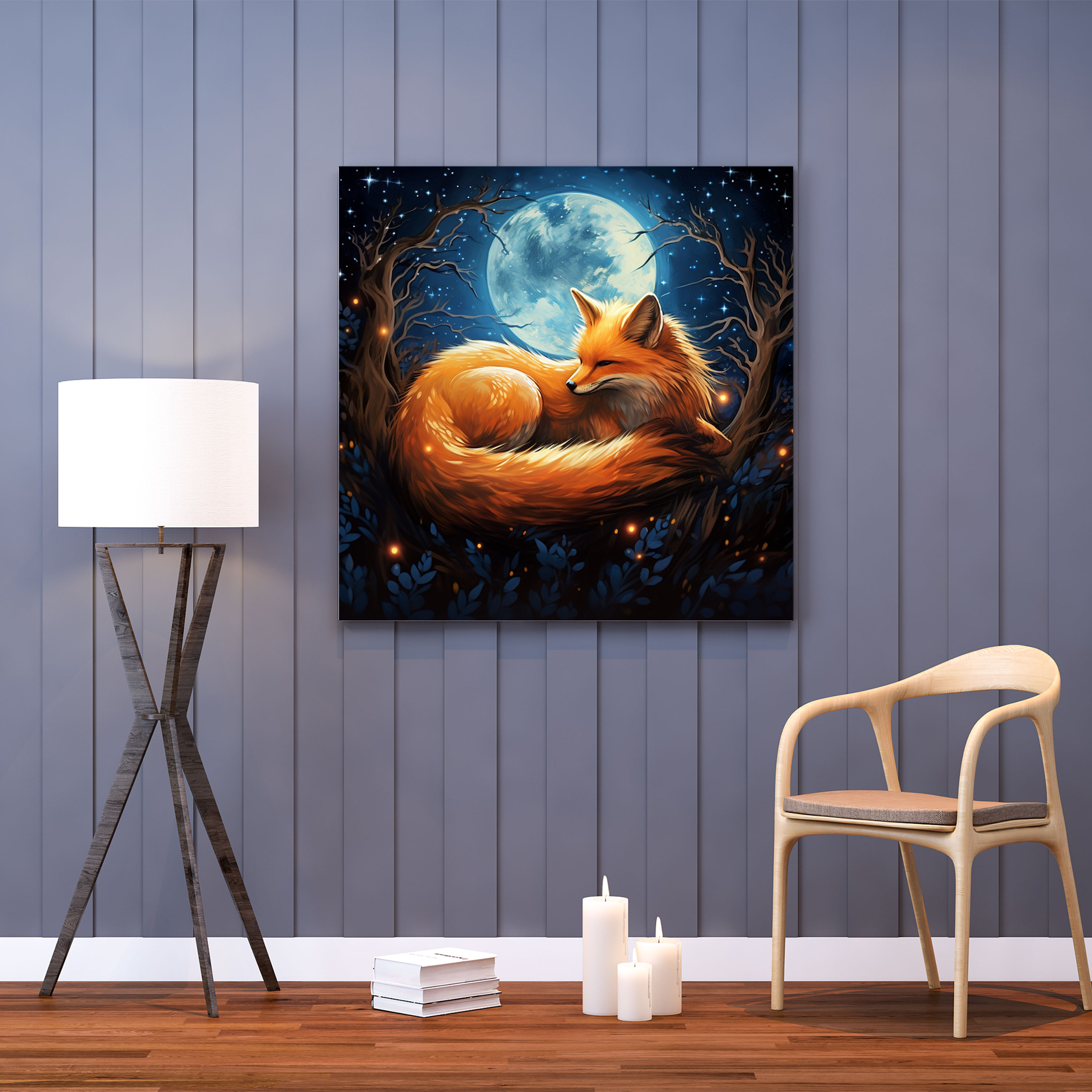 Nursery Canvas Print: Sleepy Fox And Moon - Nursery, Glowing Moon, Canvas Print, Night Sky