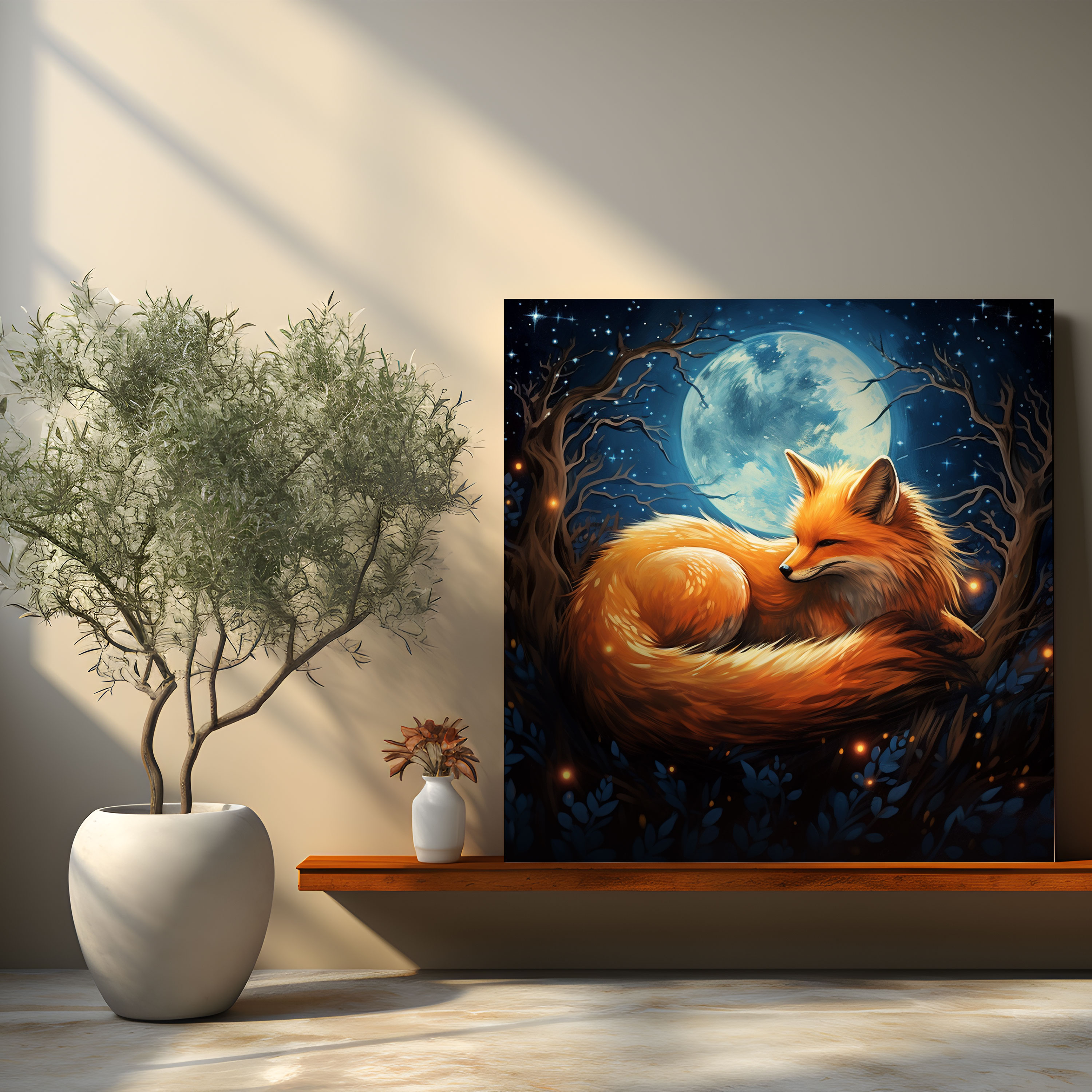 Nursery Canvas Print: Sleepy Fox And Moon - Nursery, Glowing Moon, Canvas Print, Night Sky