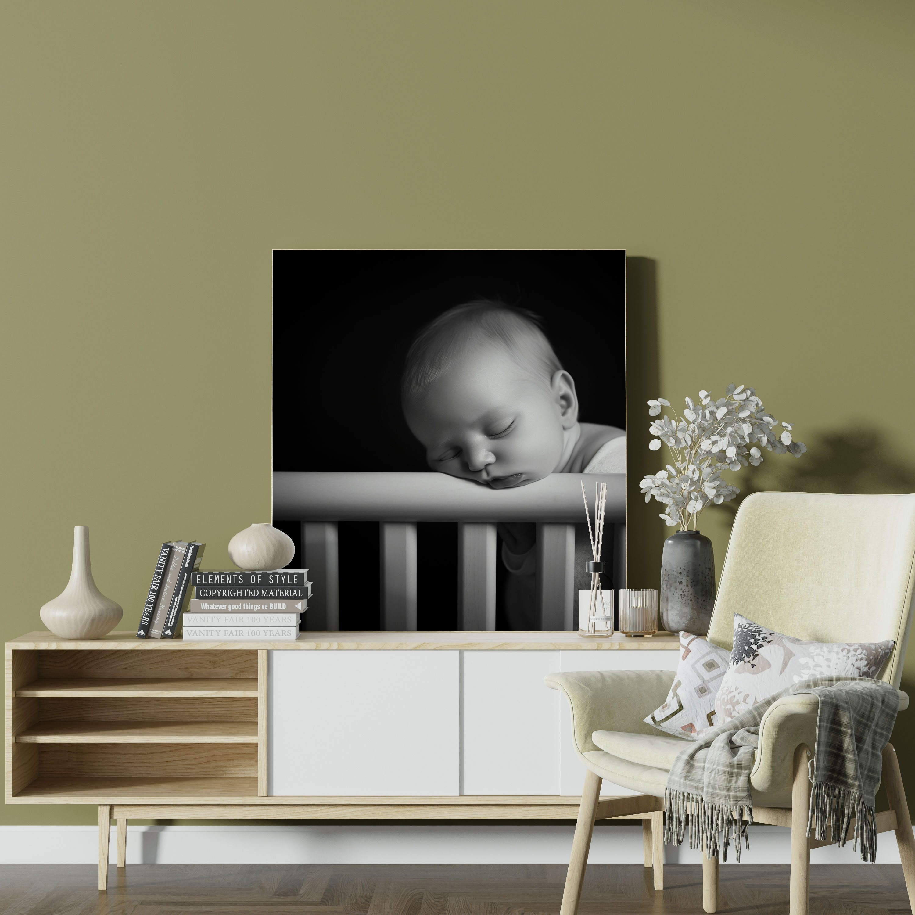 Nursery Minimalist Black And White Canvas Print - Nursery, Sleeping Baby, Nursery, Canvas