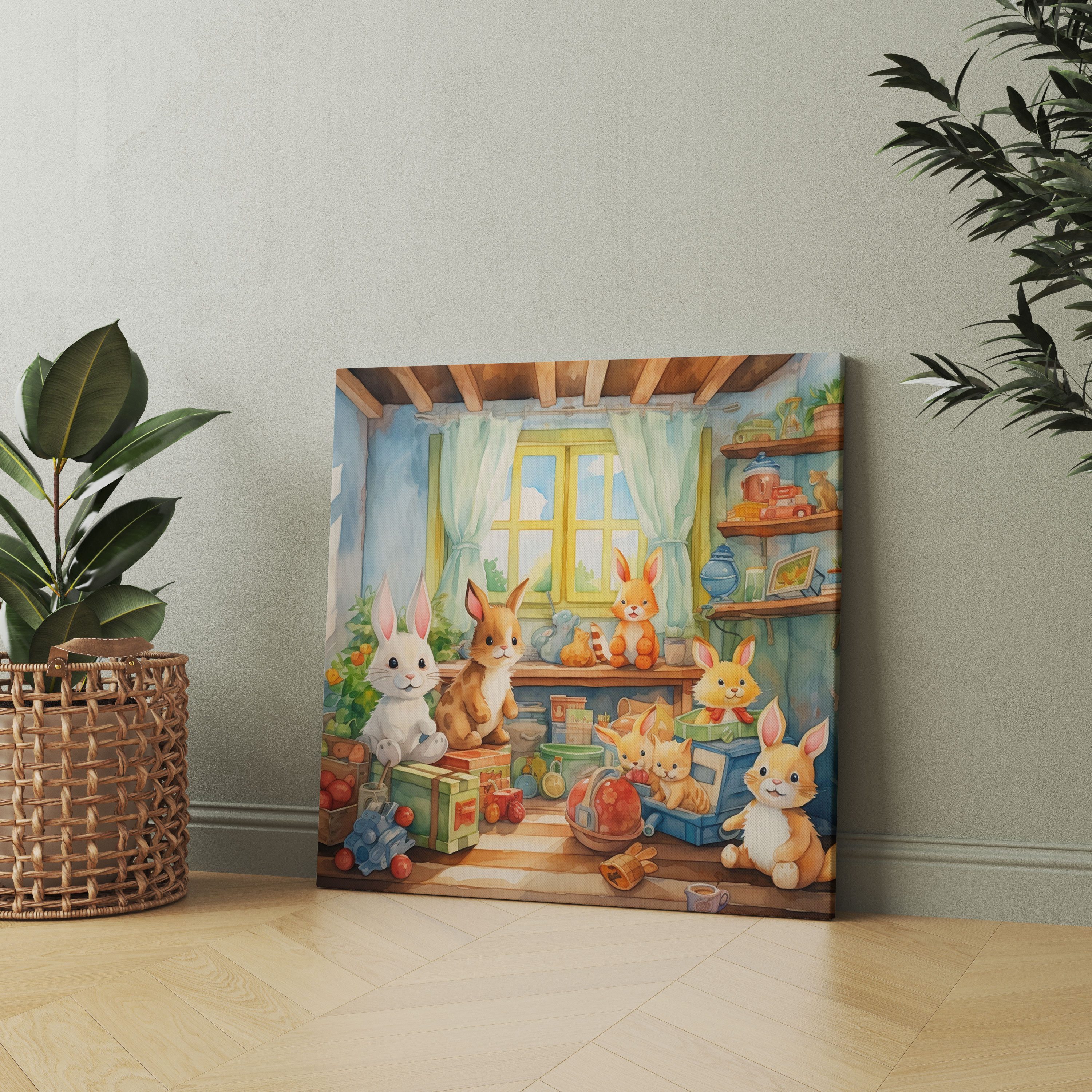 Nursery Watercolor Canvas Print - Nursery, Canvas Print, Cute Animal Nursery Scene, Canvas