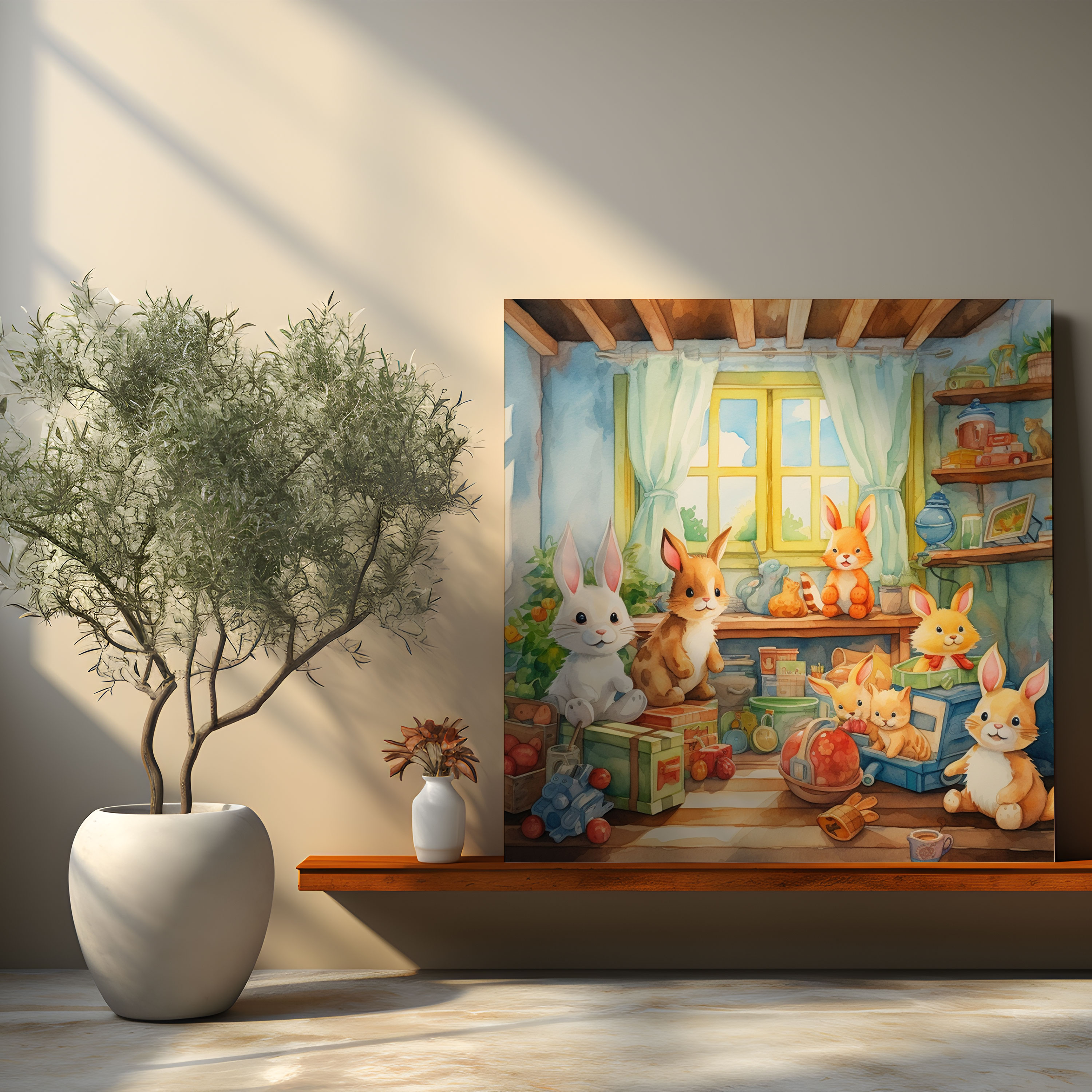 Nursery Watercolor Canvas Print - Nursery, Canvas Print, Cute Animal Nursery Scene, Canvas