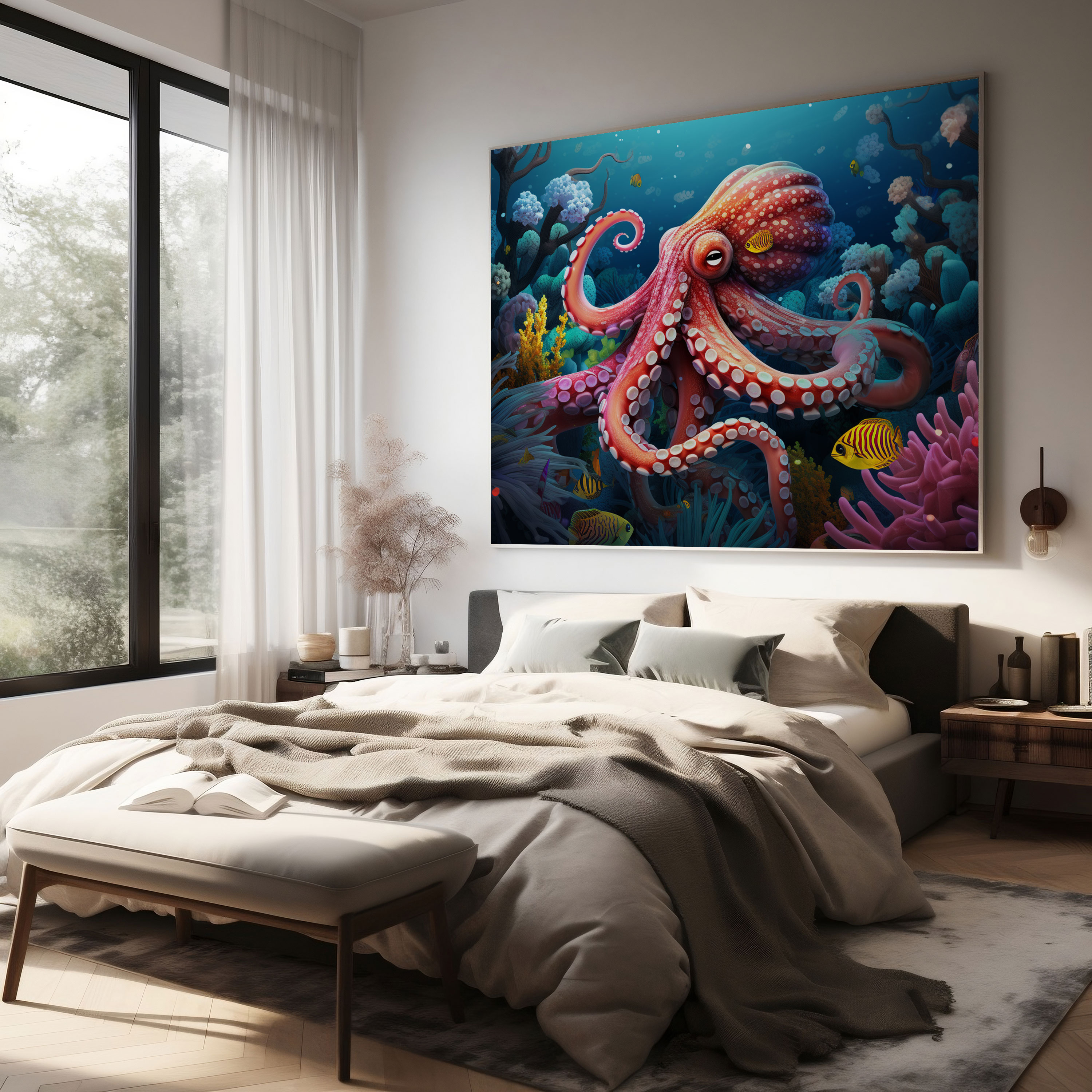 Octopus Wall Decoration - Vibrant Digital Illustration - Octopus, Coral Reefs, Vibrant, Digital Illustration