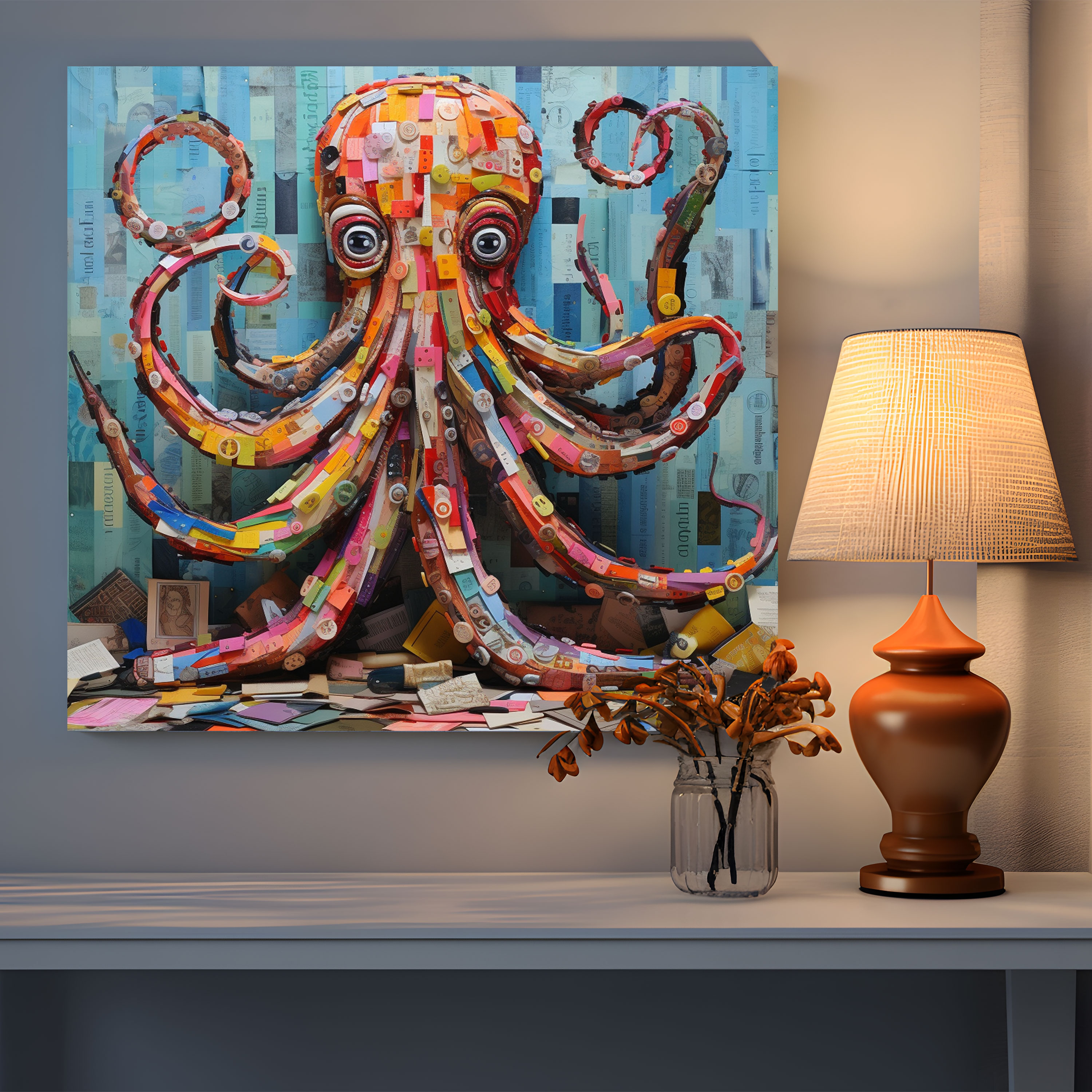 Octopus Canvas Print - Colorful Collage Artwork - Octopus, Wall Art, Canvas Wall Art, Magazine Cutouts