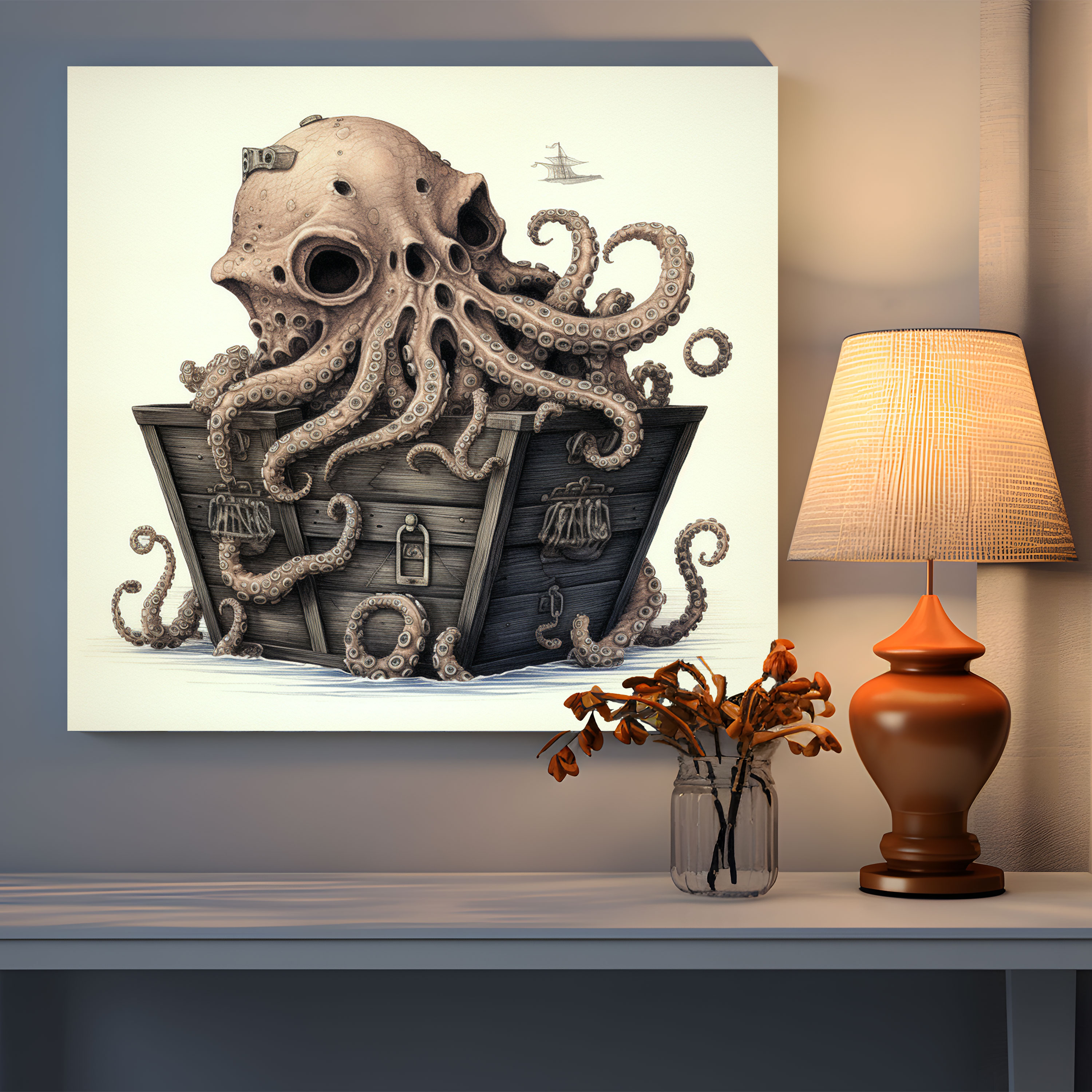 Octopus Wall Decoration - Whimsical Ink Drawing - Octopus, Treasure Chest, Intricate Tentacles, Home Decoration