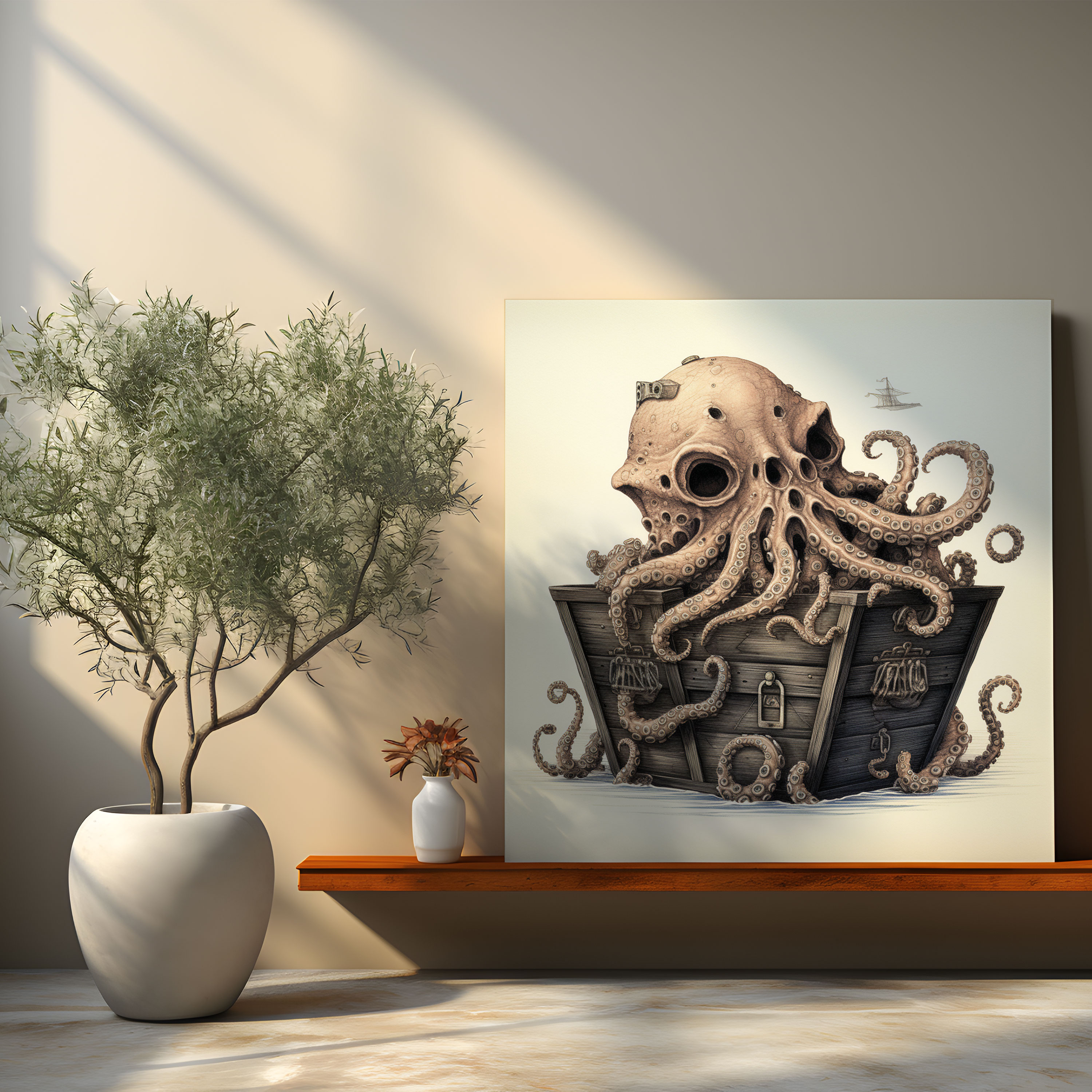 Octopus Wall Decoration - Whimsical Ink Drawing - Octopus, Treasure Chest, Intricate Tentacles, Home Decoration