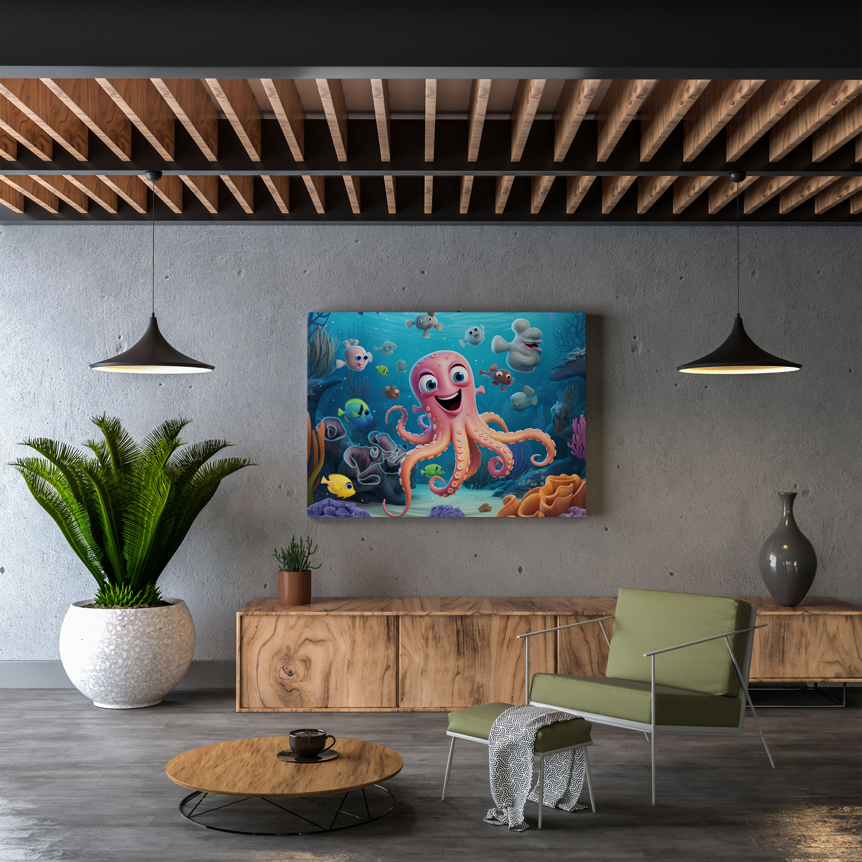 Octopus Wall Decoration - Playful Cartoon Illustration - Octopus, Canvas Print, Friendly, Canvas Wall Art