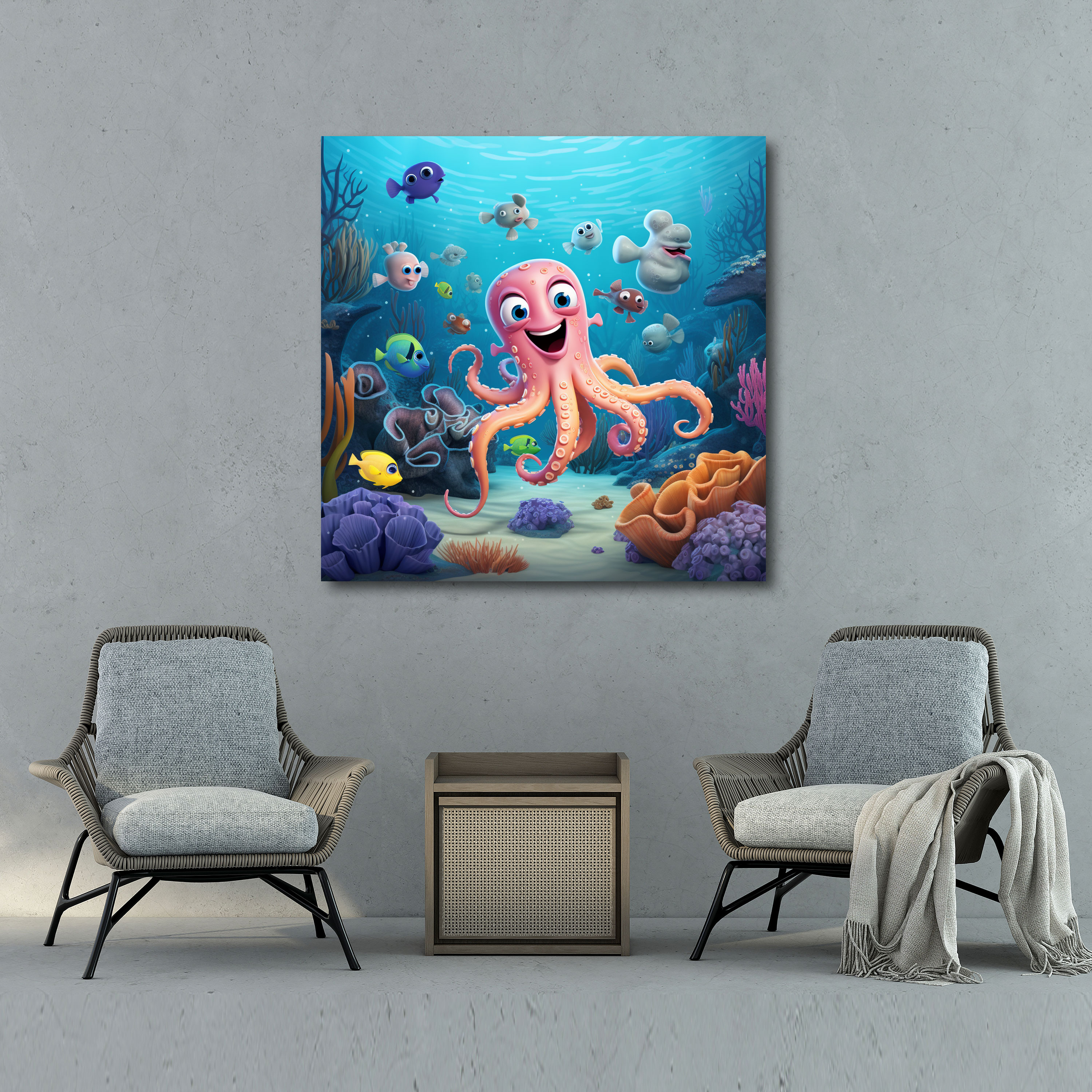 Octopus Wall Decoration - Playful Cartoon Illustration - Octopus, Canvas Print, Friendly, Canvas Wall Art