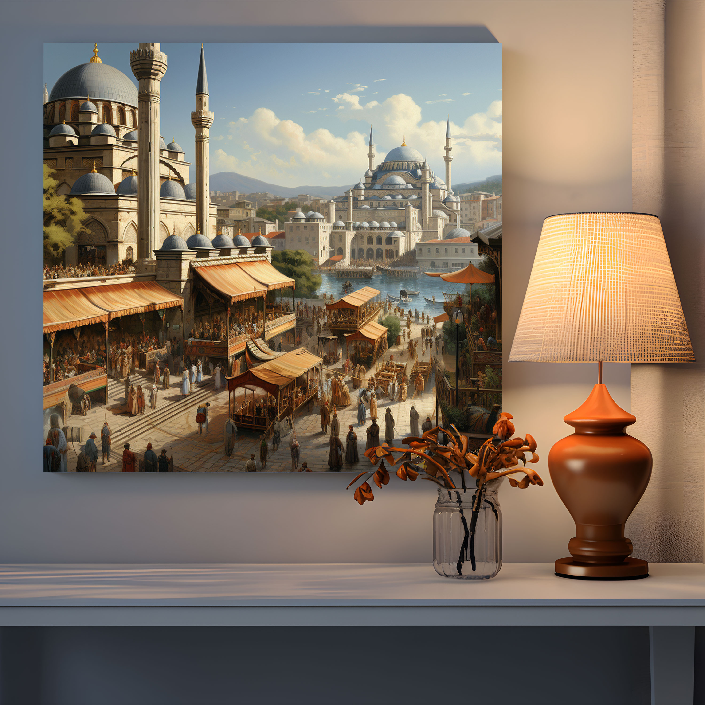 Panoramic Ottoman Empire Cityscape Canvas Print - Grand Architecture and Bustling Streets