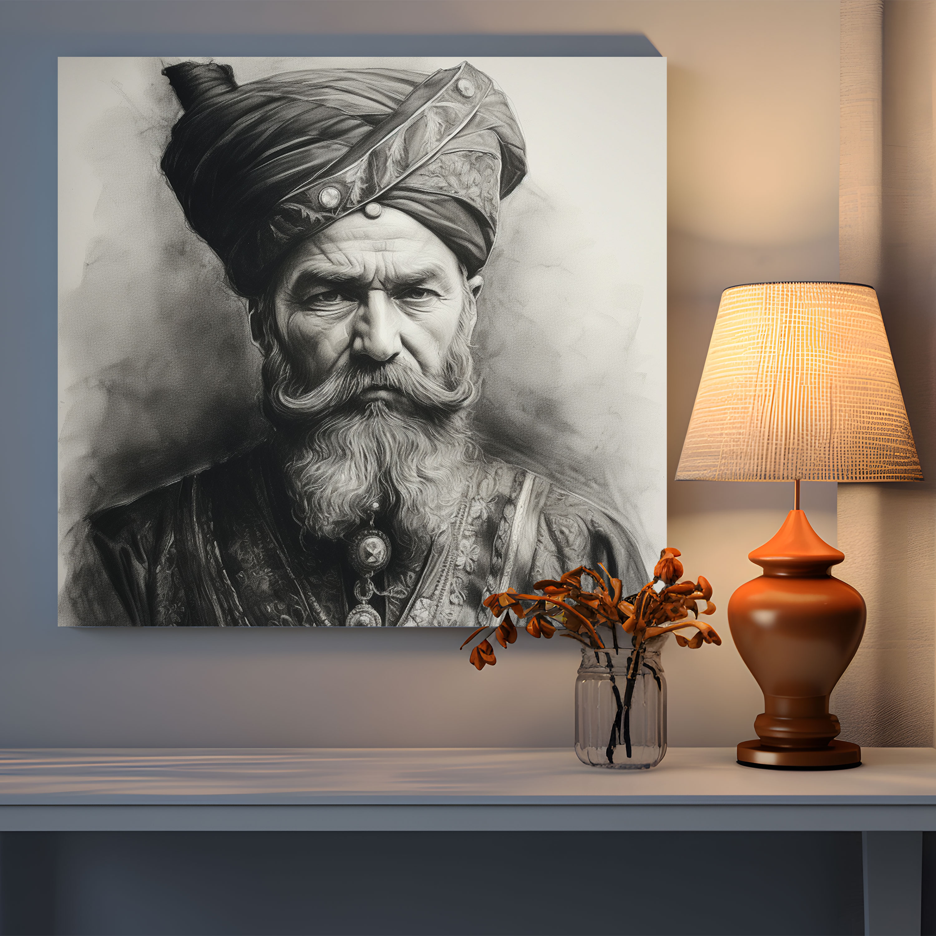 Ottoman Sultan Portrait Charcoal Canvas