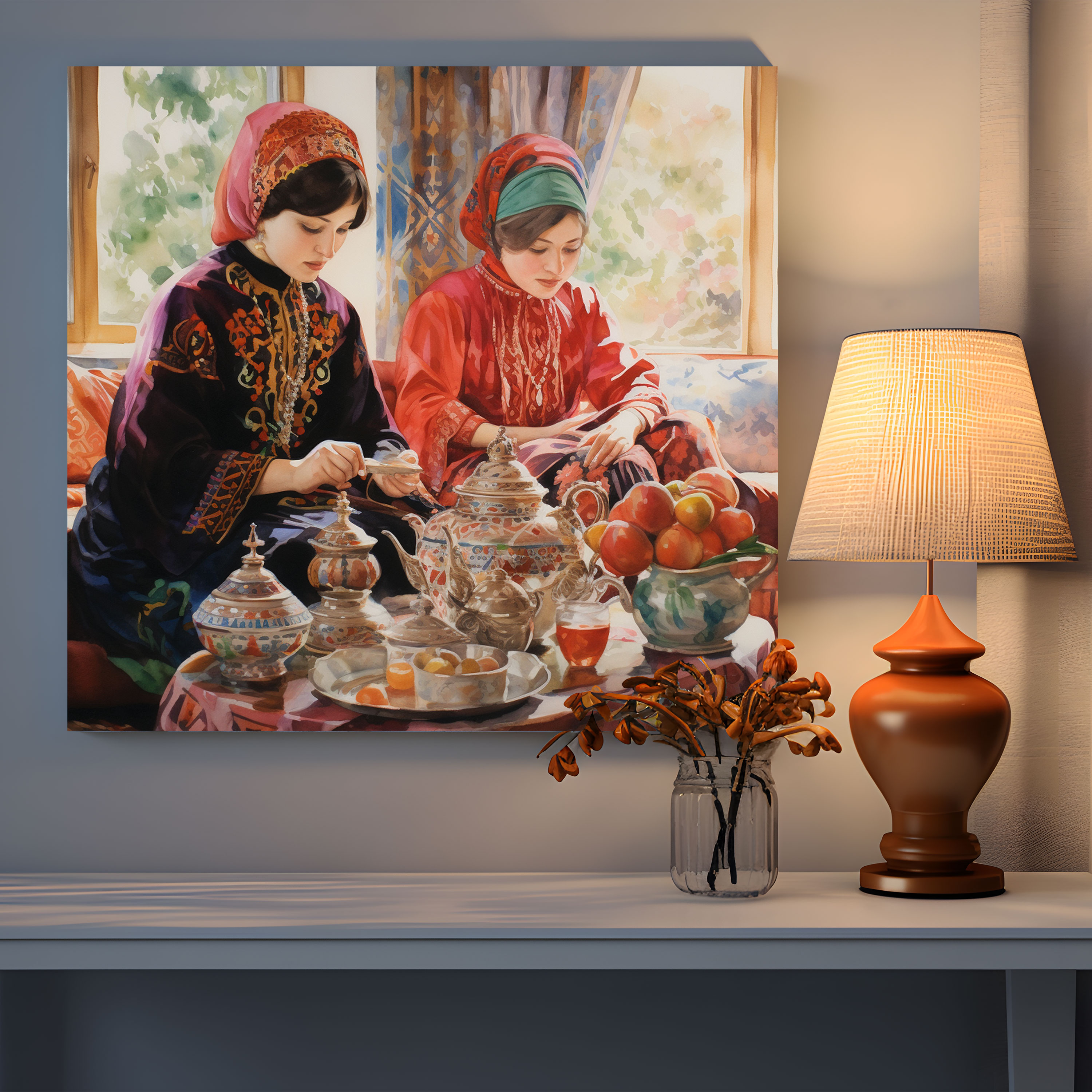 Yüksek Kaliteli Kanvas Tablo - Osmanlı İmparatorluğu Çay Seremonisi - Canlı Suluboya Tablo - Kanvas Duvar Sanatı