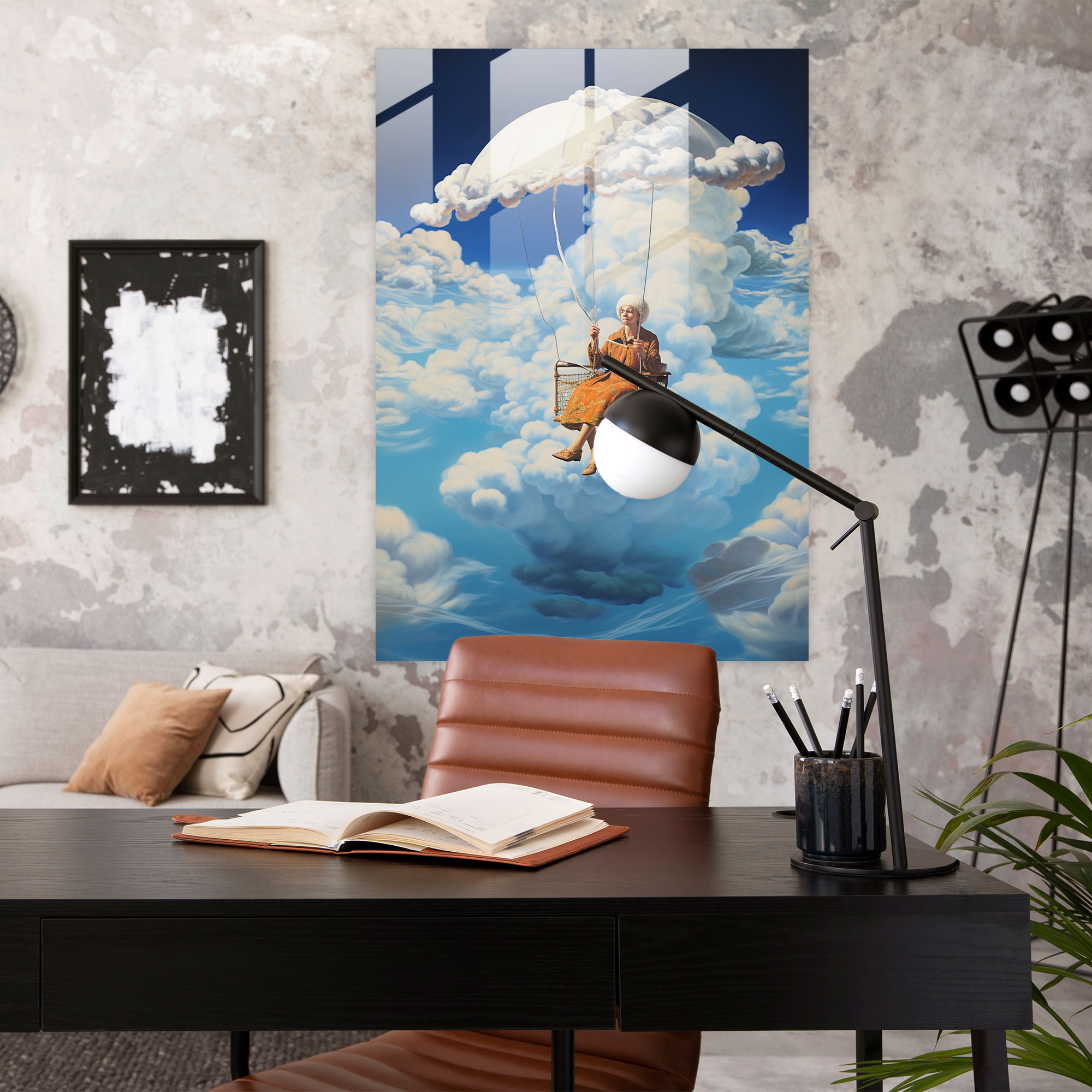 Old Peoples Surrealistic Art Glass Print - Old Peoples, Modern Art, Sea Of Clouds, Floating