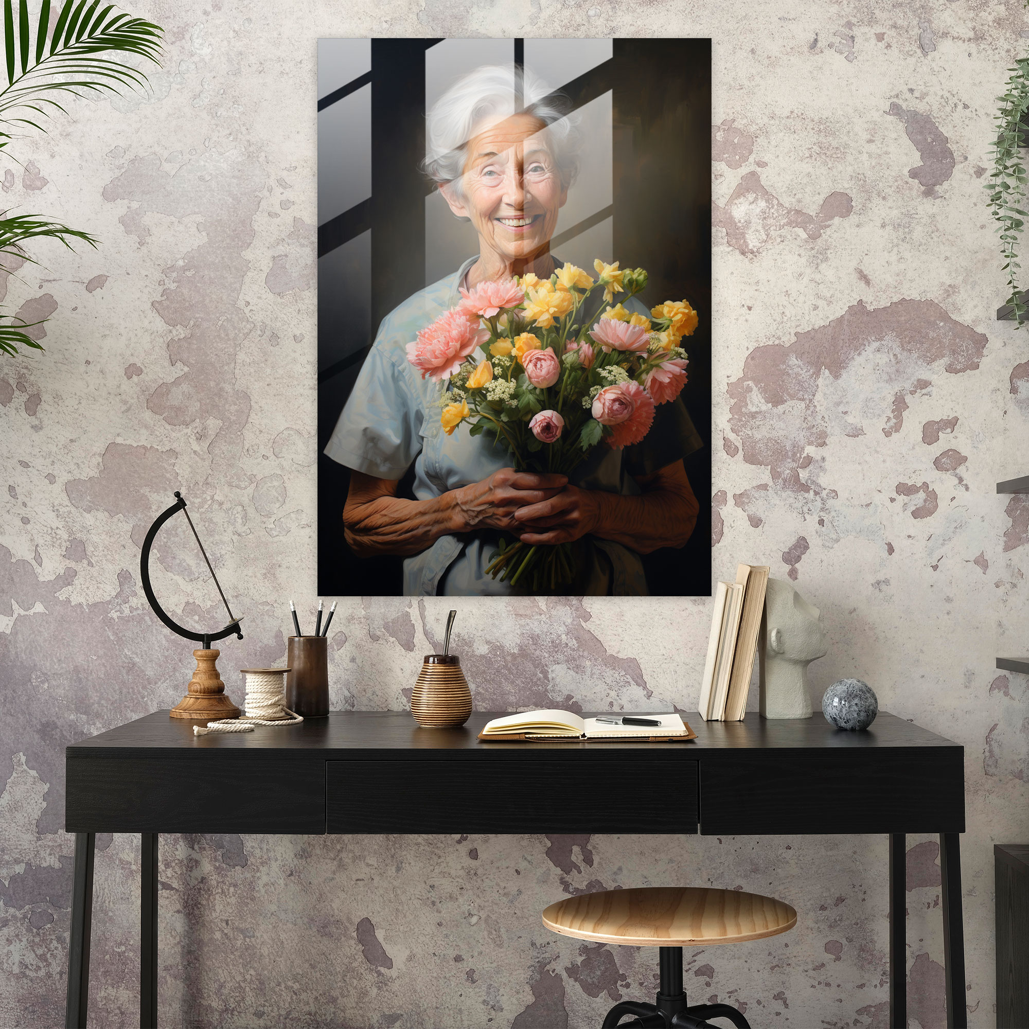 Old Peoples Glass Art - Old Peoples, Elegance, Elderly Woman, Bouquet Of Flowers
