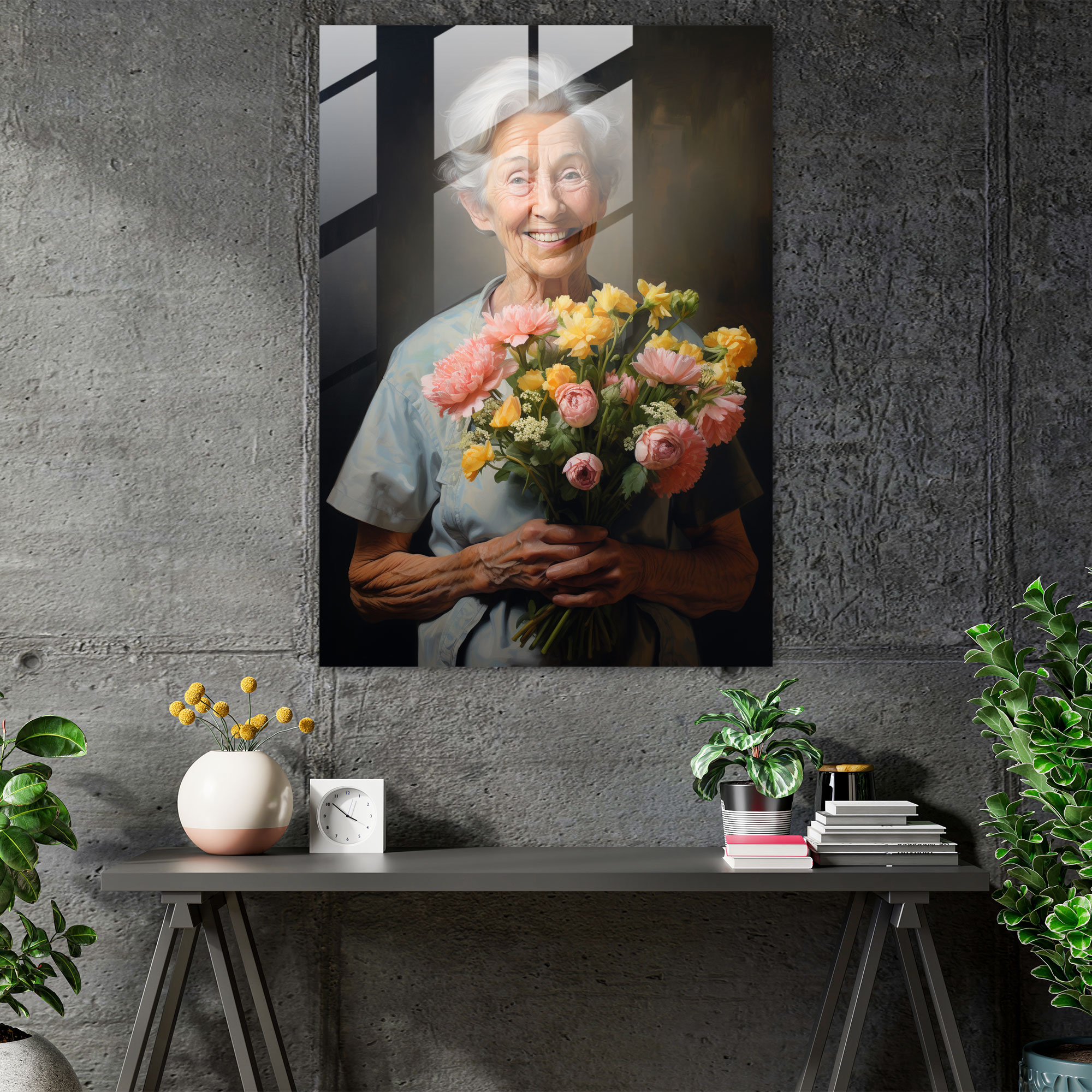 Old Peoples Glass Art - Old Peoples, Elegance, Elderly Woman, Bouquet Of Flowers