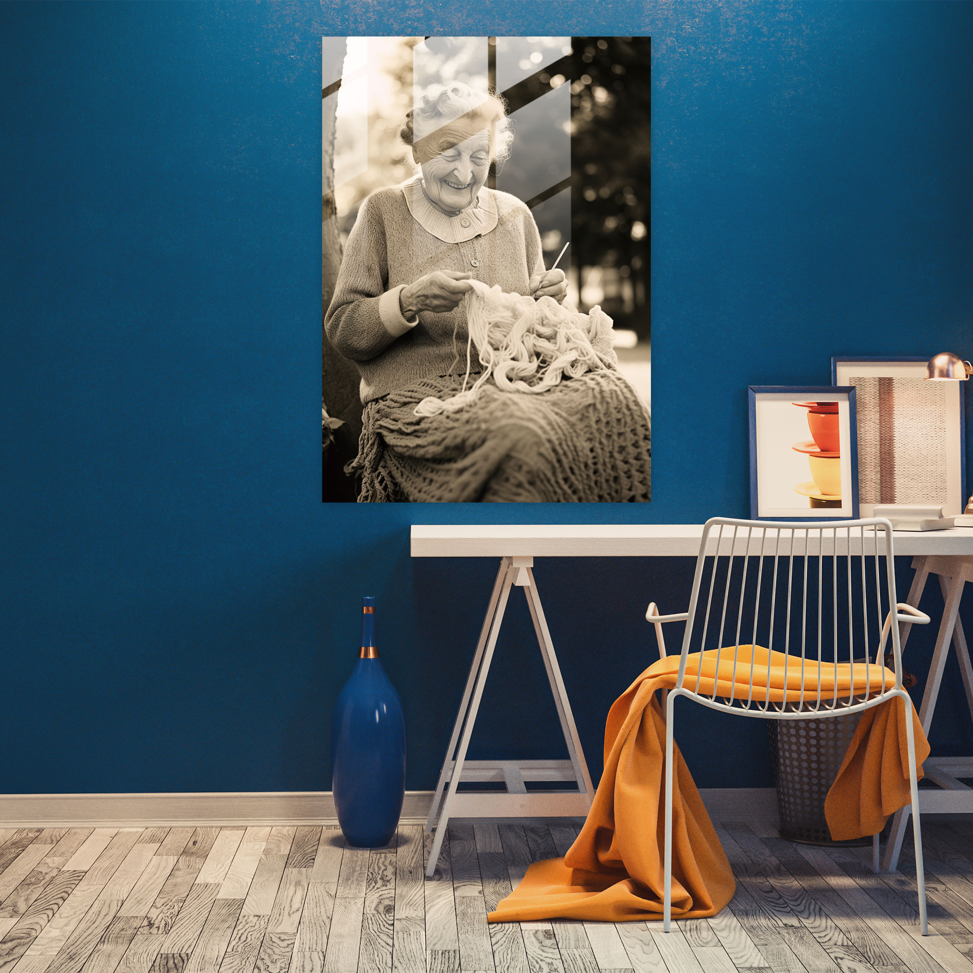 Old Peoples Glass Print - Old Peoples, Glass Print, Knitting, Home Decoration