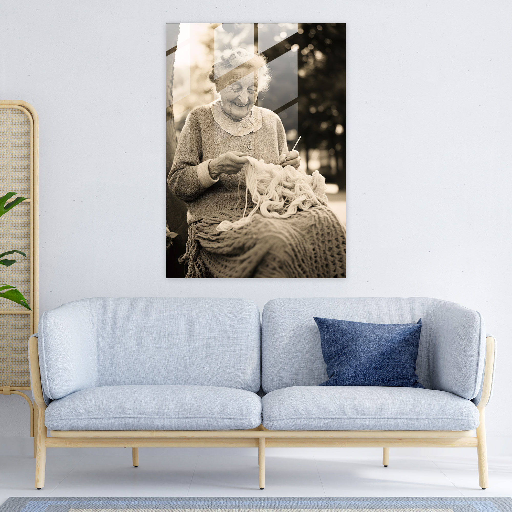 Old Peoples Glass Print - Old Peoples, Glass Print, Knitting, Home Decoration