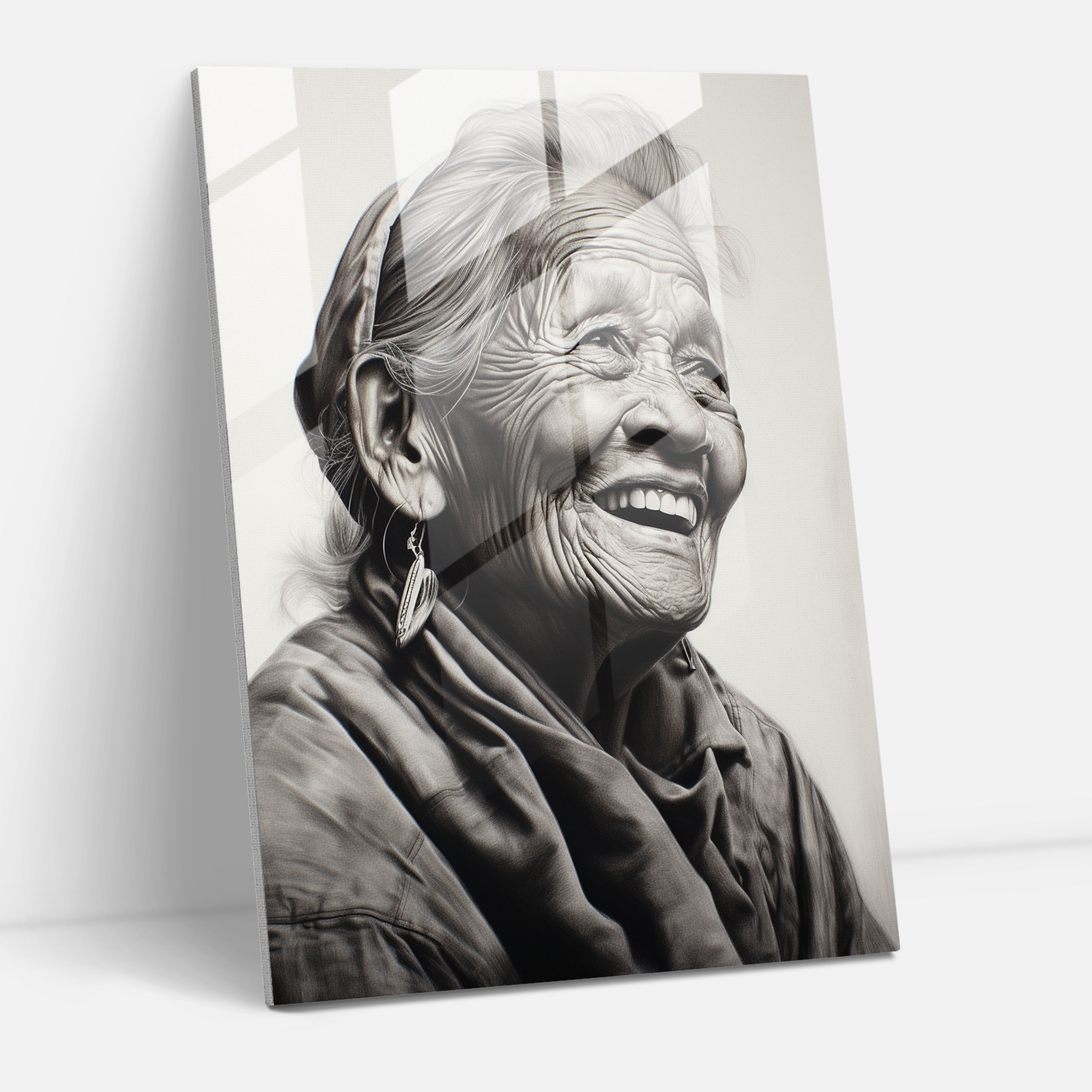 Serenity's Smile Glass Print - Old Peoples, Peace And Tranquility, Elderly Woman, Charcoal Drawing