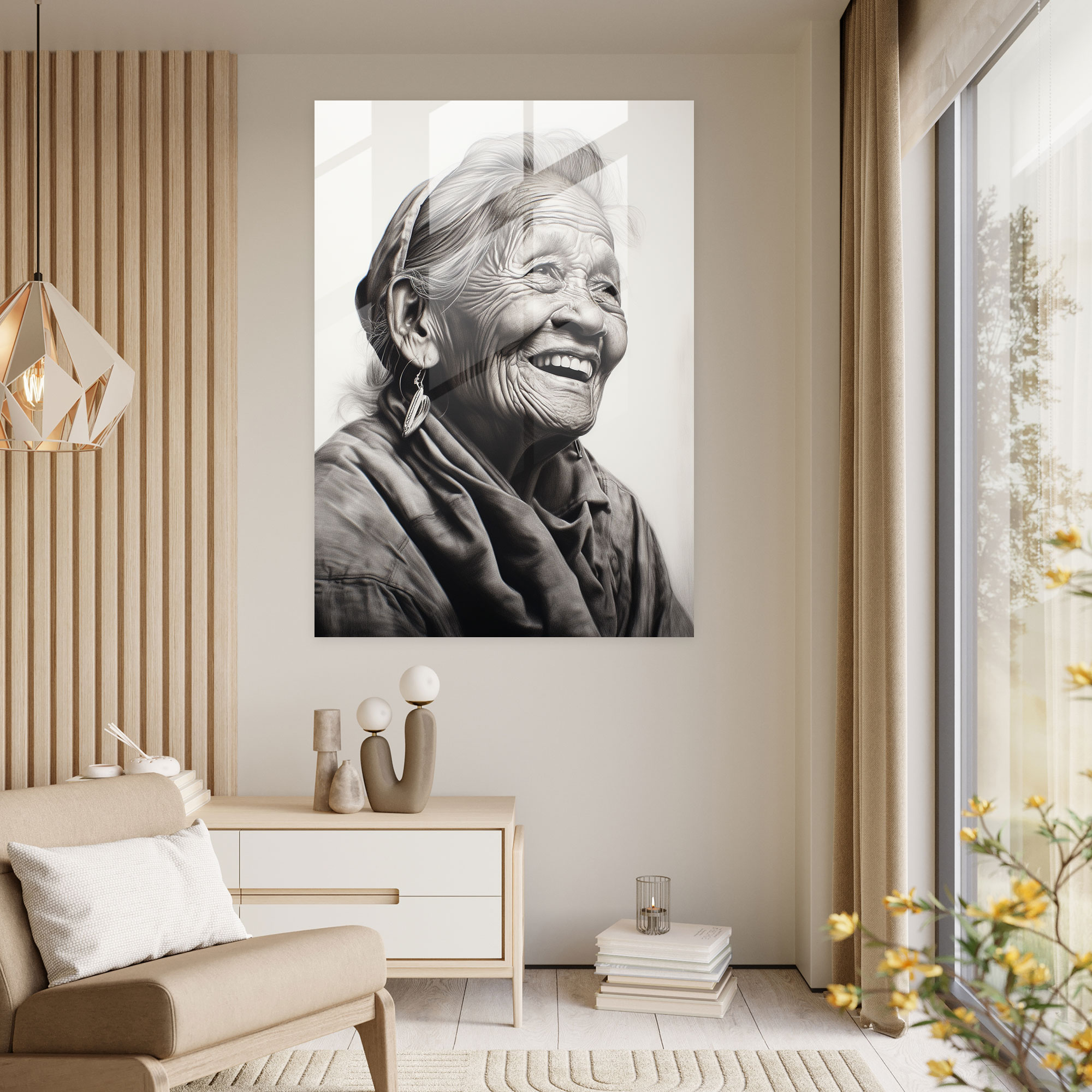 Serenity's Smile Glass Print - Old Peoples, Peace And Tranquility, Elderly Woman, Charcoal Drawing