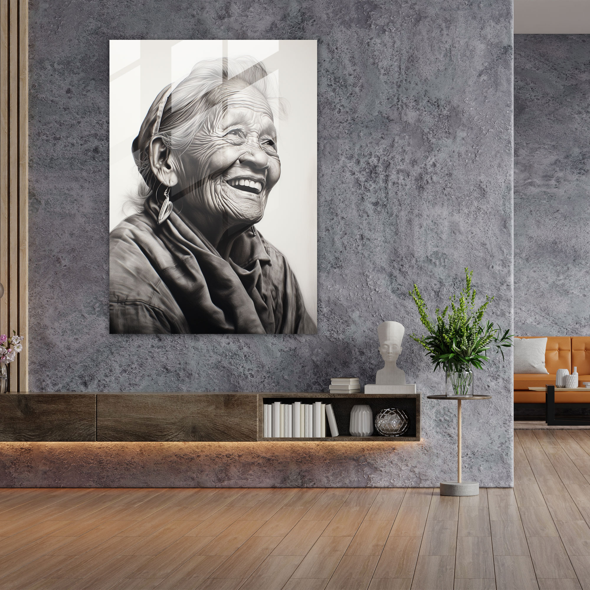Serenity's Smile Glass Print - Old Peoples, Peace And Tranquility, Elderly Woman, Charcoal Drawing