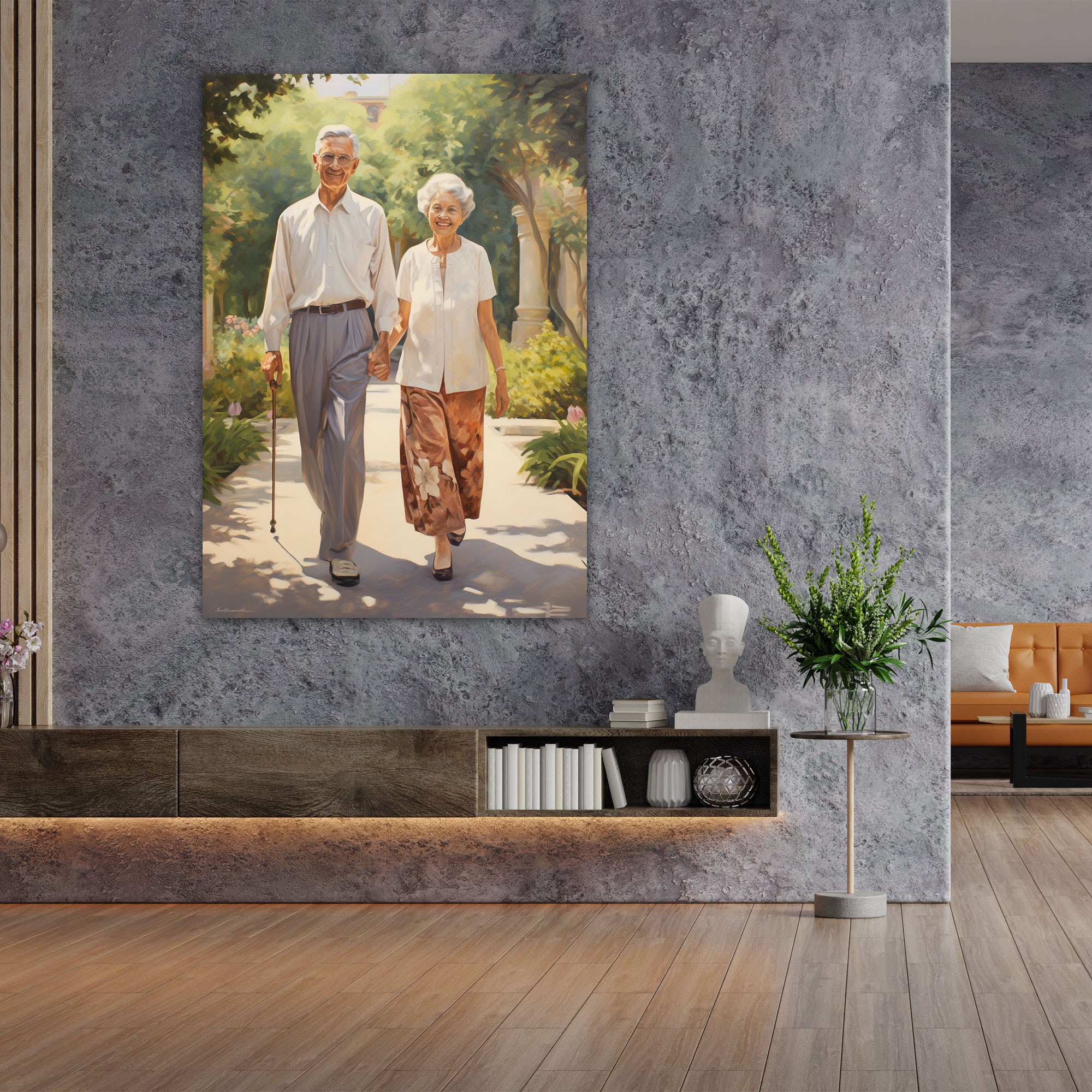 Wanddekoration für ein friedliches Gartenbild älterer Menschen auf Leinwand