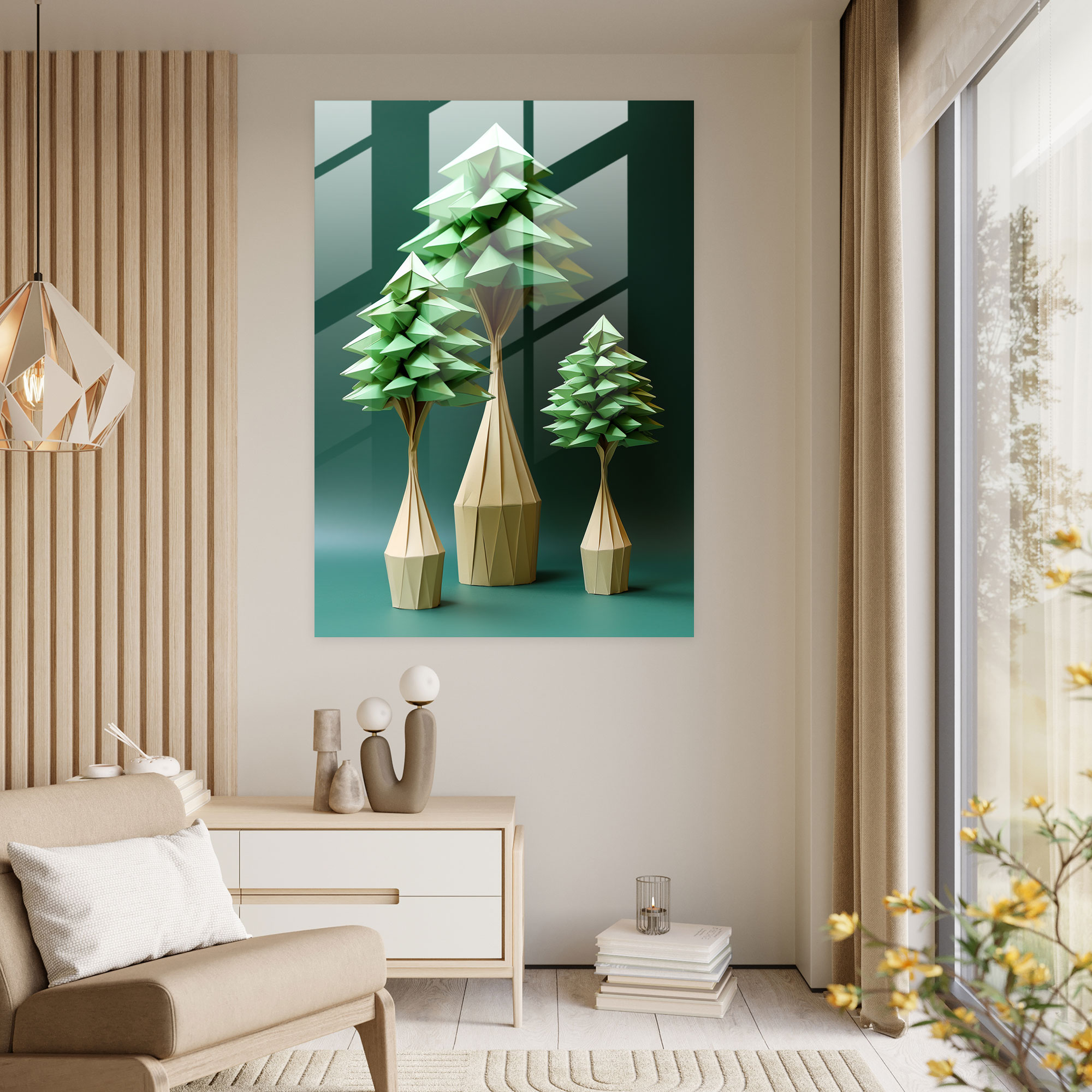 Origami Glass Print - Resilient Trees - Origami, Growth, Glass Wall Art, Glass Art