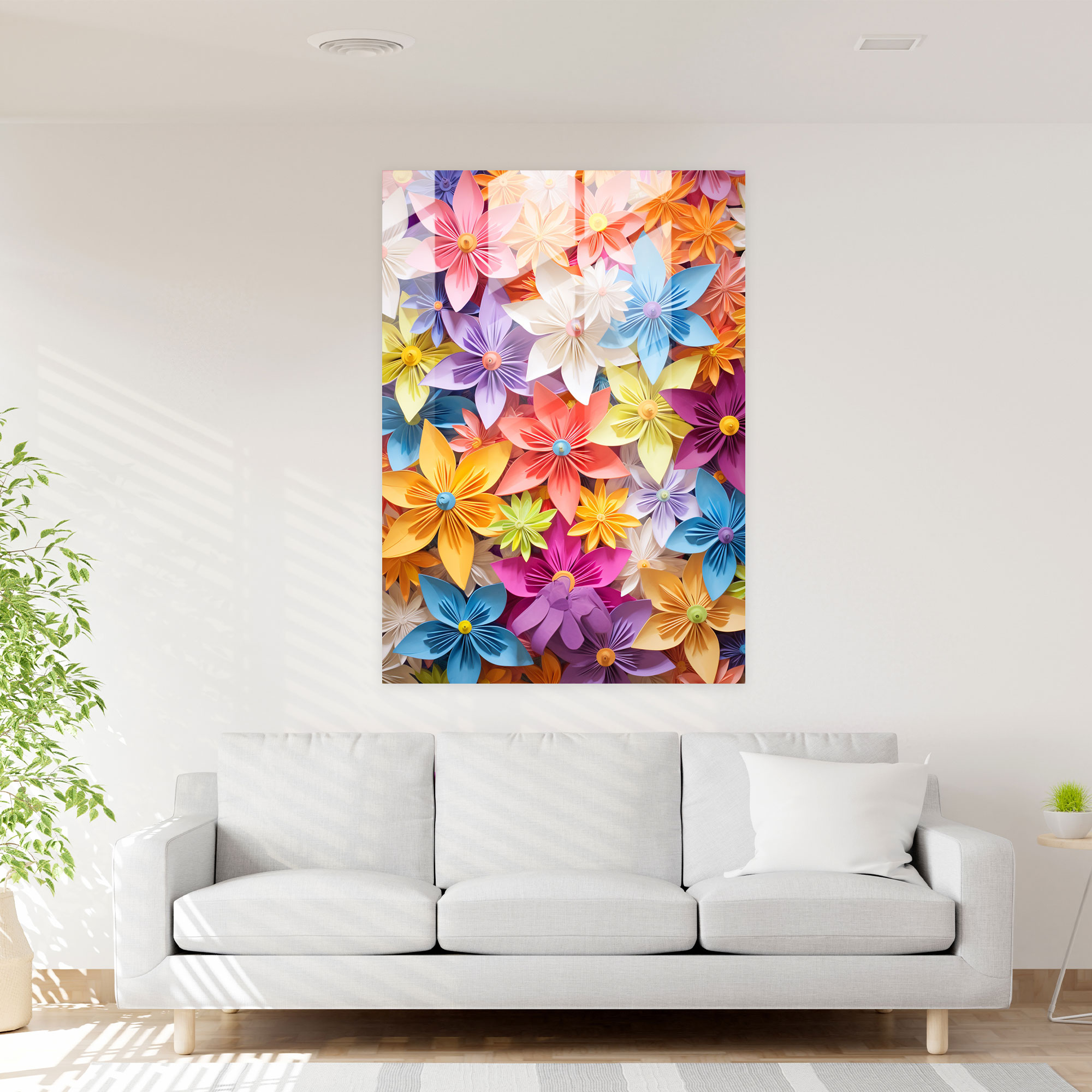 Origami Glass Print - Vibrant Flowers - Origami, Glass Wall Art, Vibrant Flowers, Wall Decoration