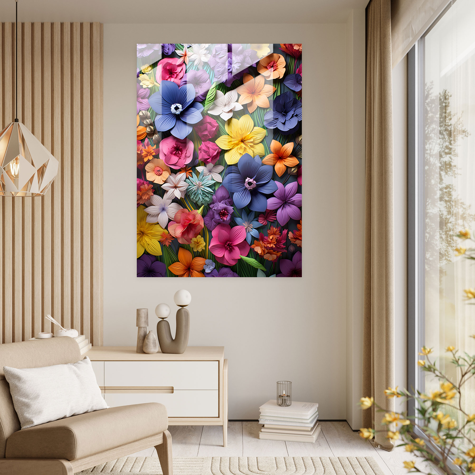 Blooming Origami Glass Print - Origami, Delicate Petals, Origami, Vibrant Colors