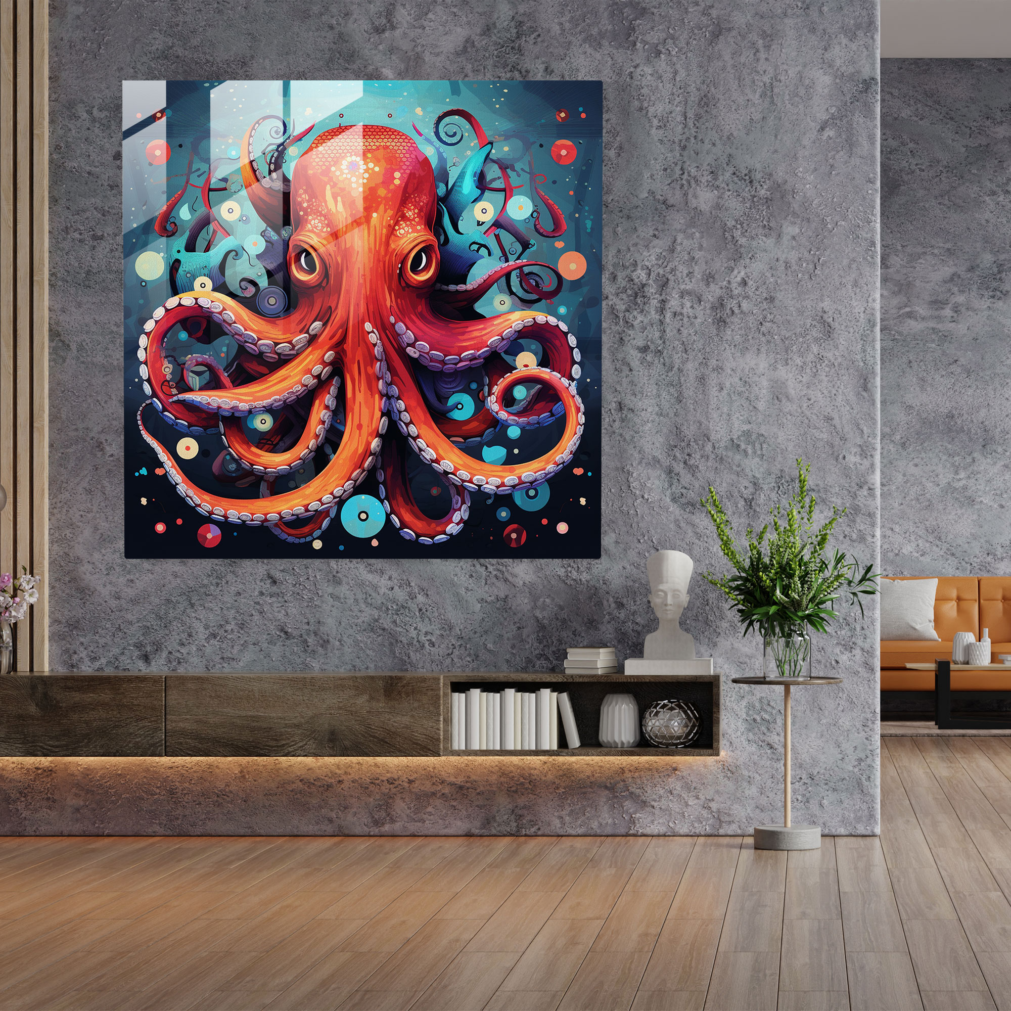 Vibrant Octopus Glass Print - Octopus, Octopus, Bold Colors, Marine Life