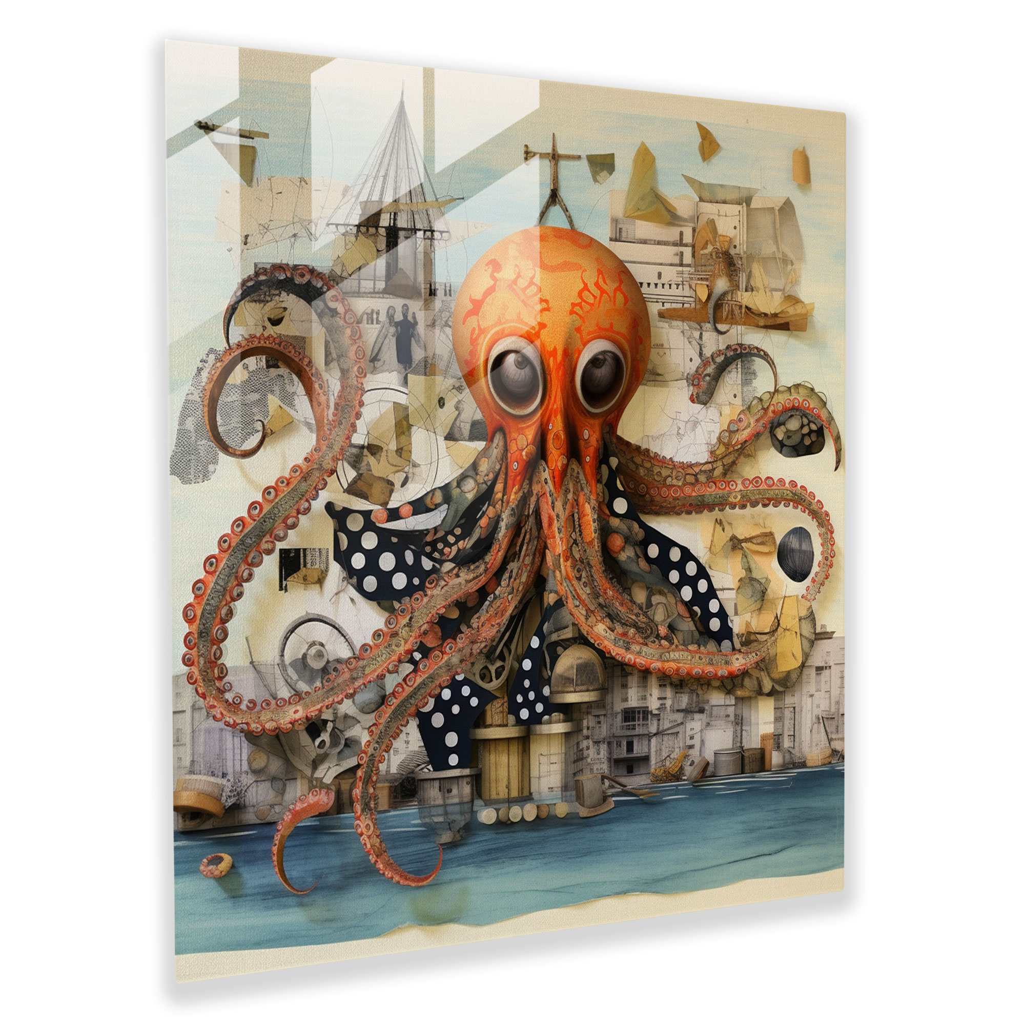 Whimsical Octopus Glass Print - Octopus, Home Decoration, Thought-Provoking, Surrealist Mixed Media Collage
