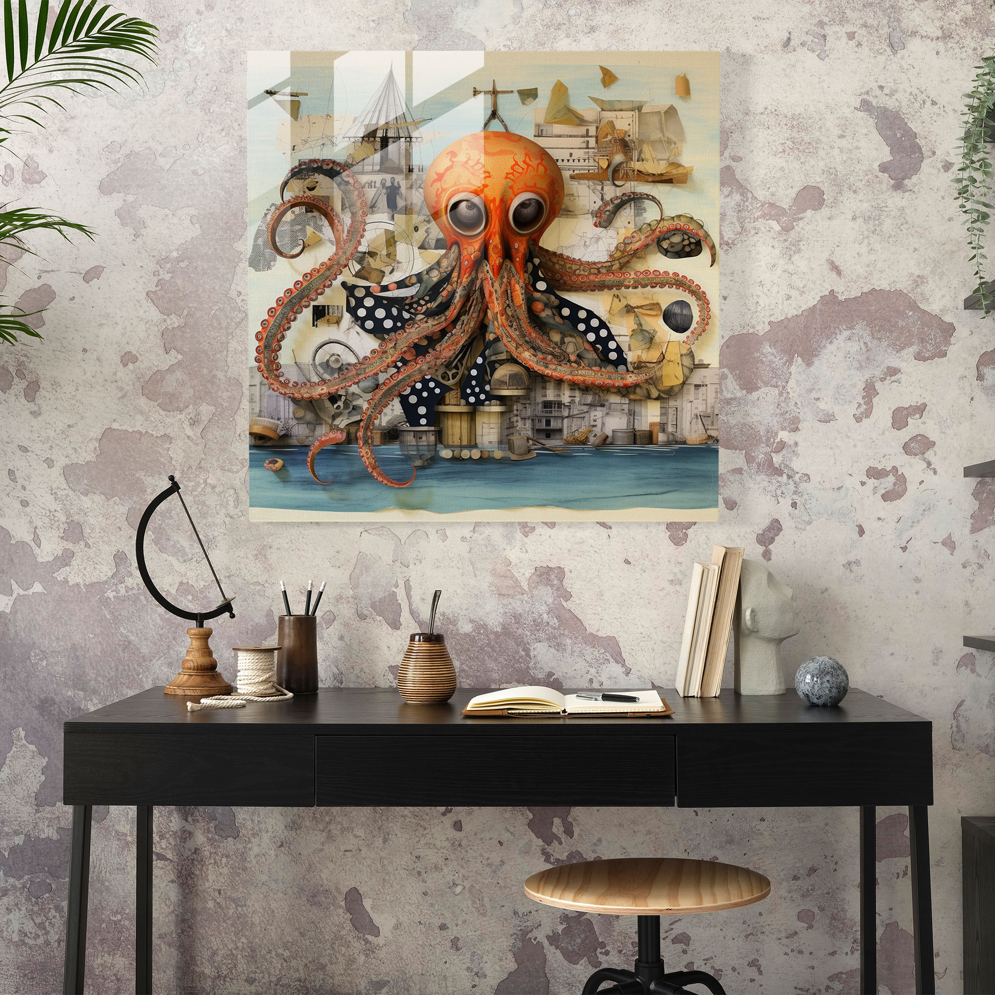 Whimsical Octopus Glass Print - Octopus, Home Decoration, Thought-Provoking, Surrealist Mixed Media Collage