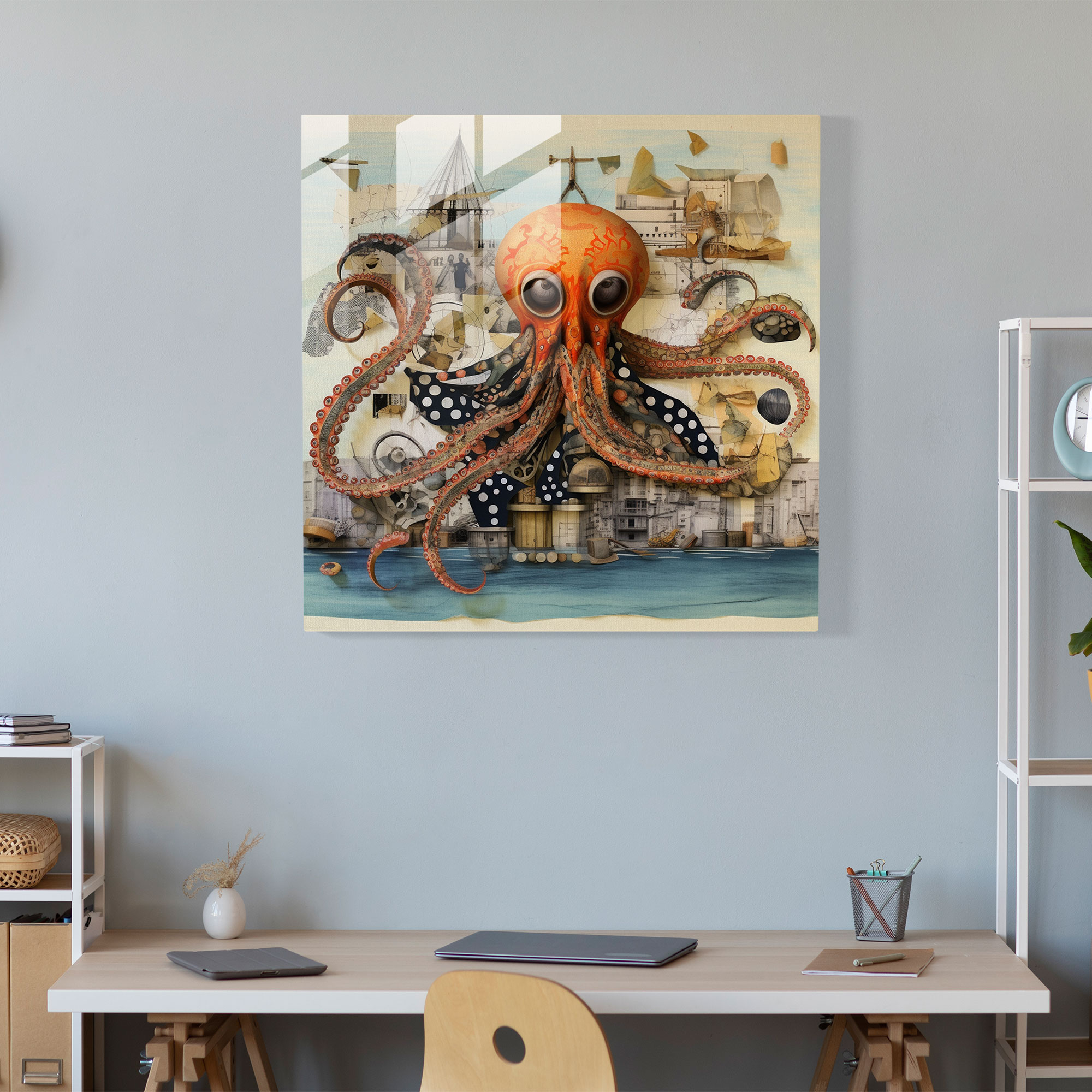 Whimsical Octopus Glass Print - Octopus, Home Decoration, Thought-Provoking, Surrealist Mixed Media Collage