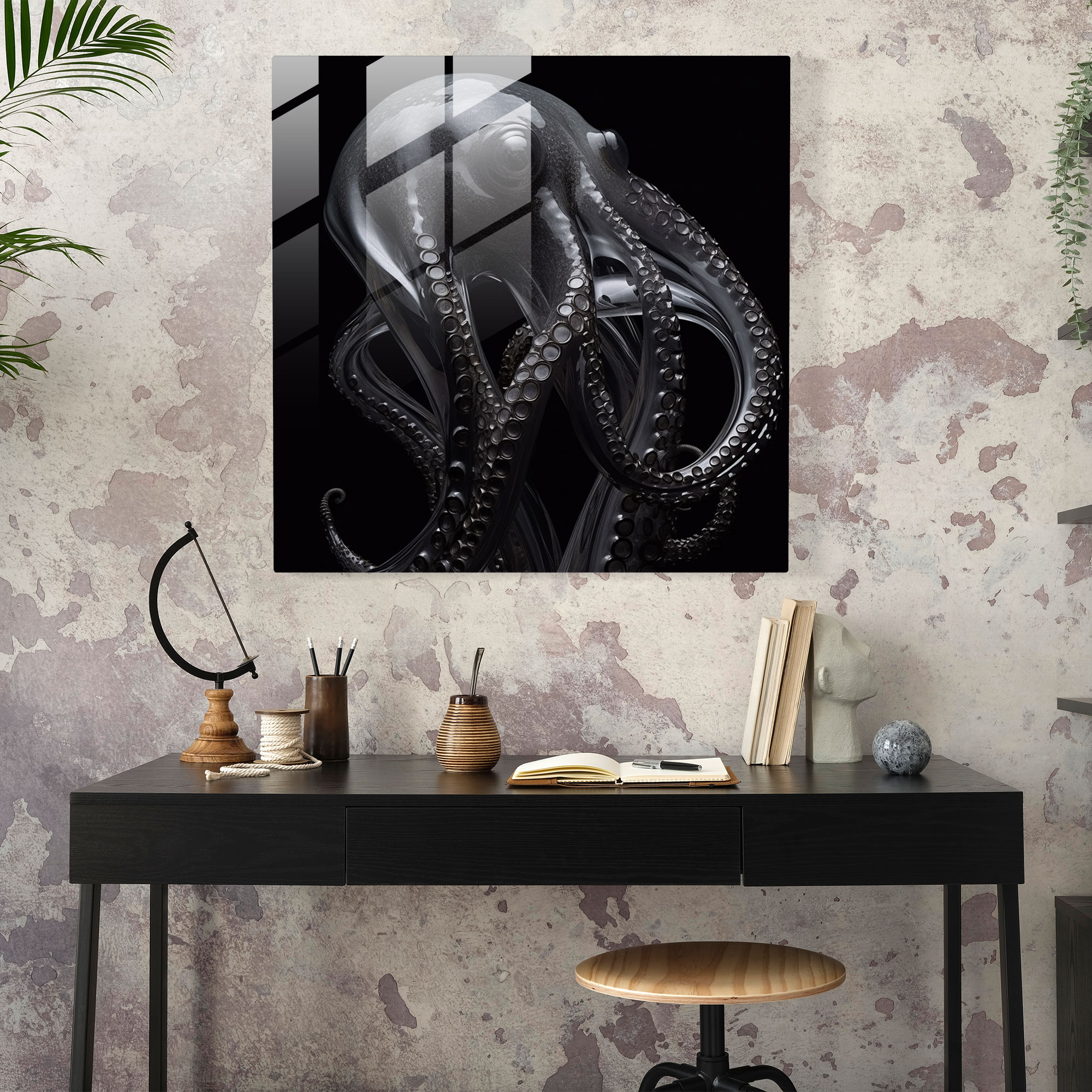 Octopus Glass Print - Minimalist Monochrome Wall Decoration - Octopus, Glass Art, Home Decoration, Intricate Details