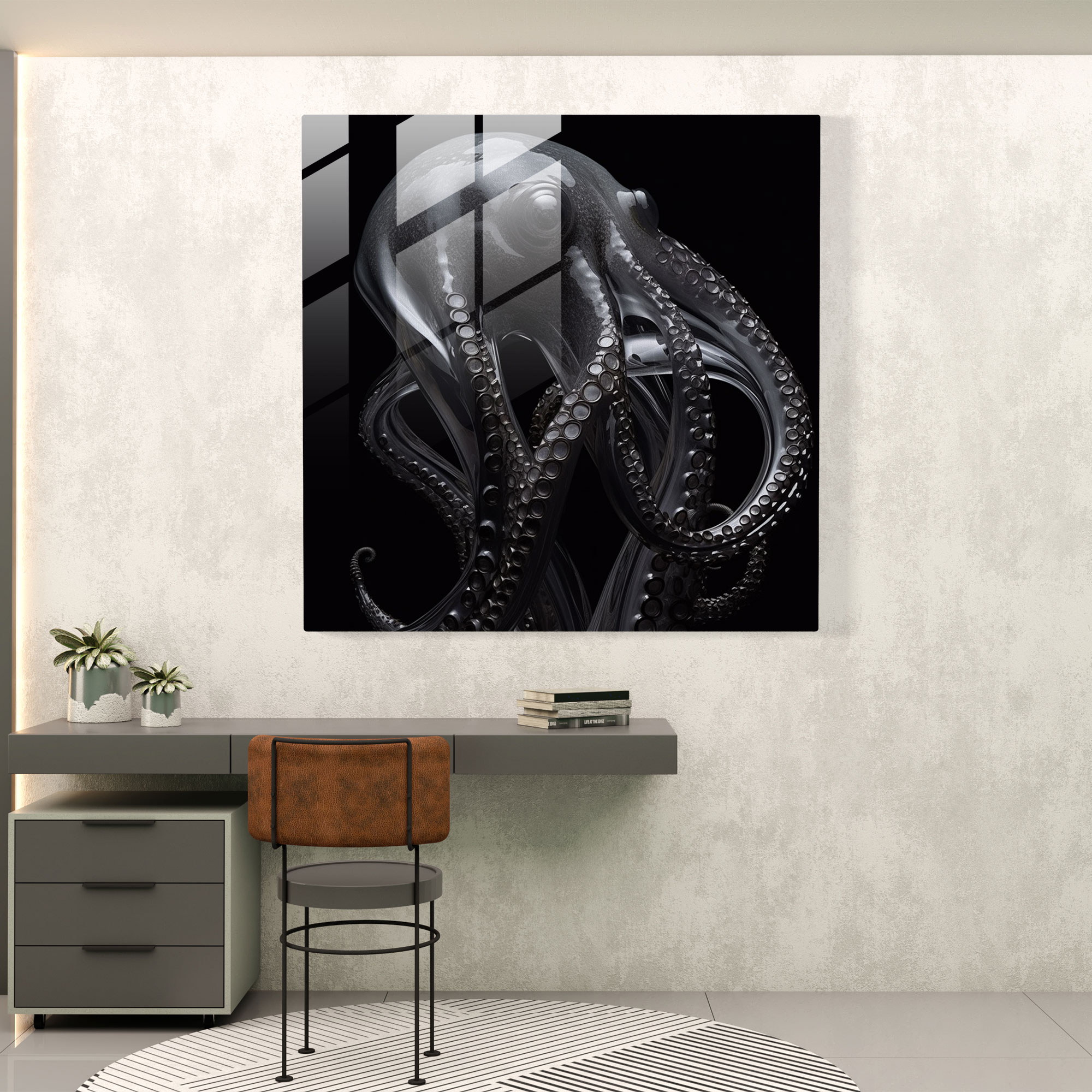 Octopus Glass Print - Minimalist Monochrome Wall Decoration - Octopus, Glass Art, Home Decoration, Intricate Details
