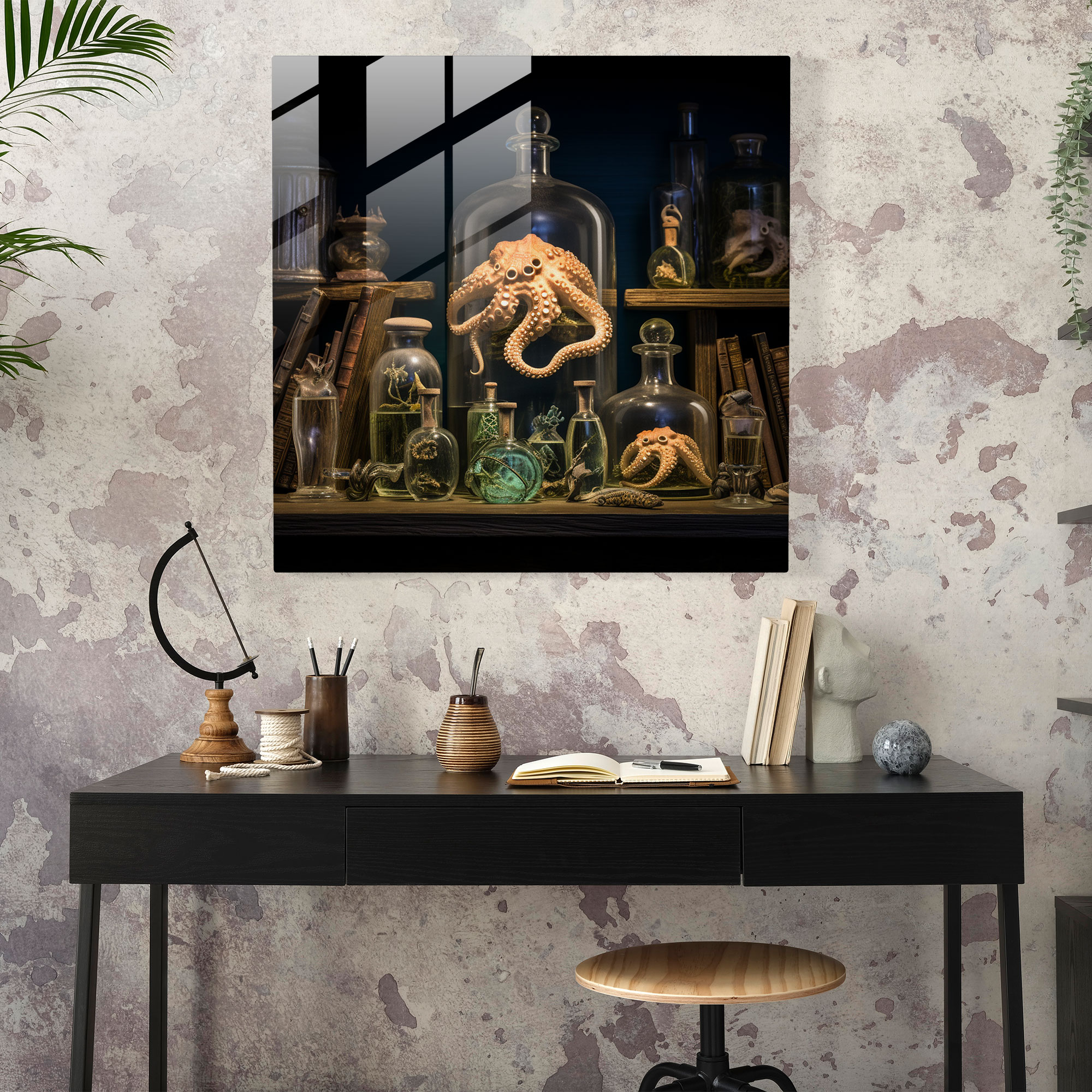 Octopus Glass Print - Vintage Maritime Wall Decoration - Octopus, Glass Art, Glass Wall Art, Modern Art