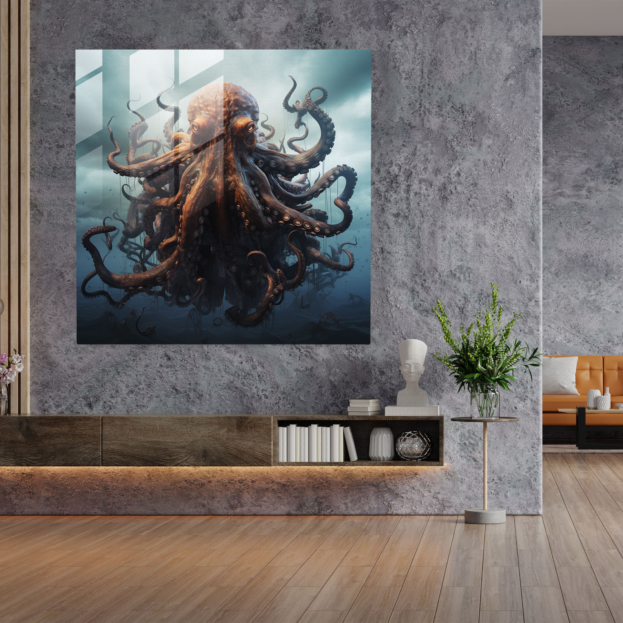Asil Ahtapot Cam Tablo - Modern Sanat Sofistike Asil