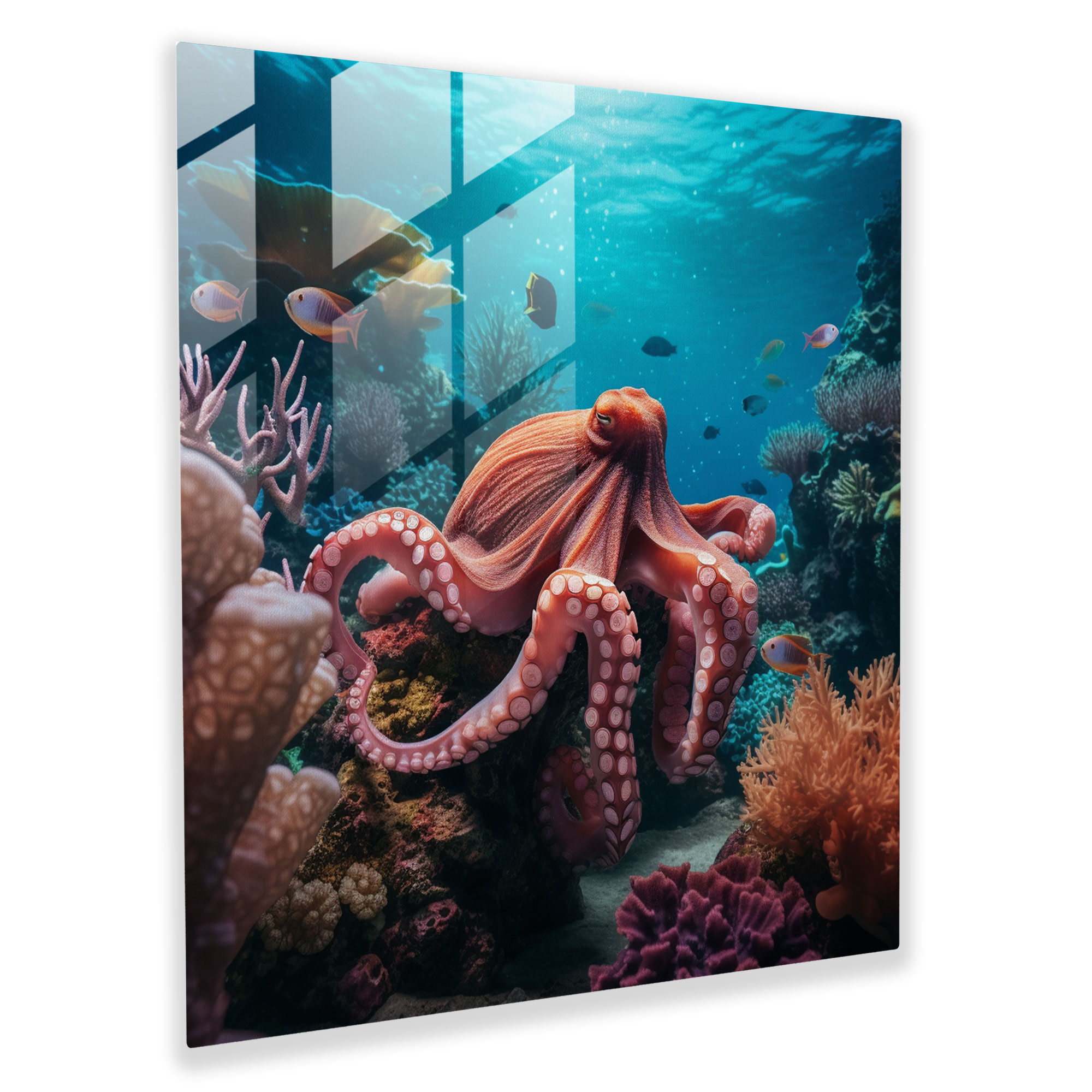 Coral Garden Octopus Glass Print - Octopus, Underwater Paradise, Glass Wall Art, Wall Decoration