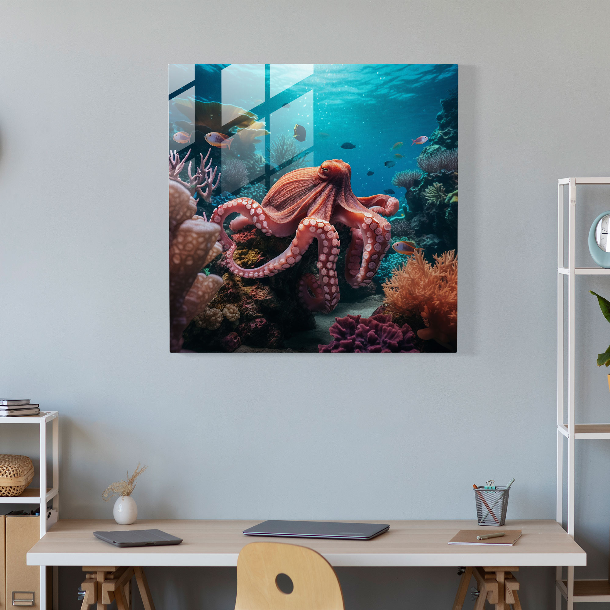 Coral Garden Octopus Glass Print - Octopus, Underwater Paradise, Glass Wall Art, Wall Decoration