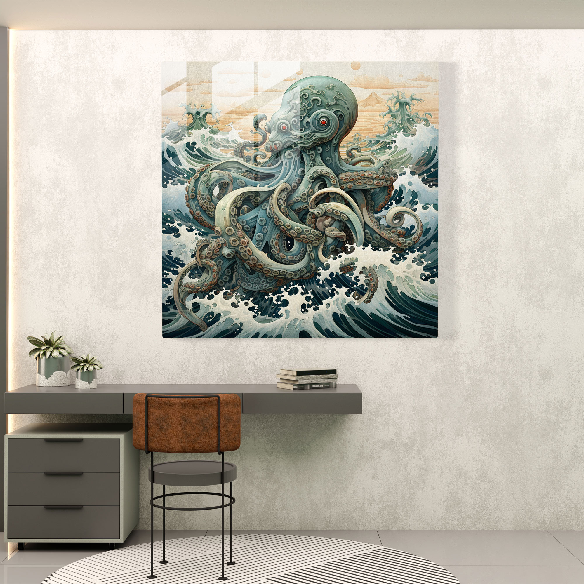 Ocean Waves Octopus Glass Print - Octopus, Calming, Wall Decoration, Modern Art